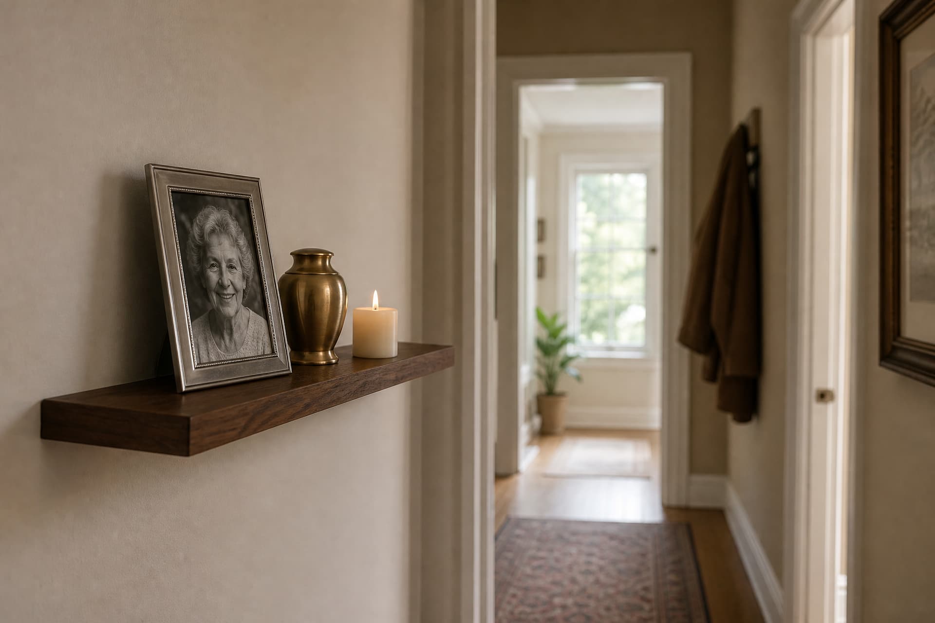 A narrow walnut shelf mounted at eye level in a hallway, holding a framed portrait of an older woman, a small brass urn and a single lit candle