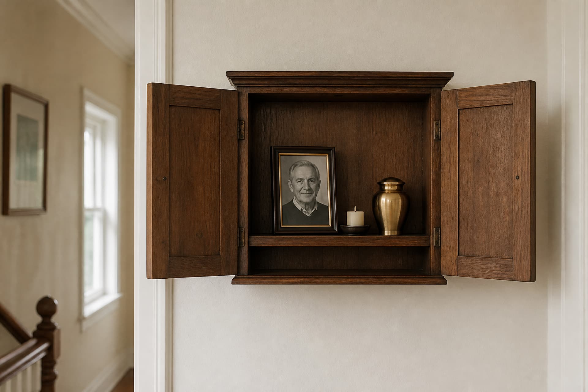 A small wooden wall cabinet with its doors open, holding a framed portrait of an older man, a candle and a small brass urn on its single shelf