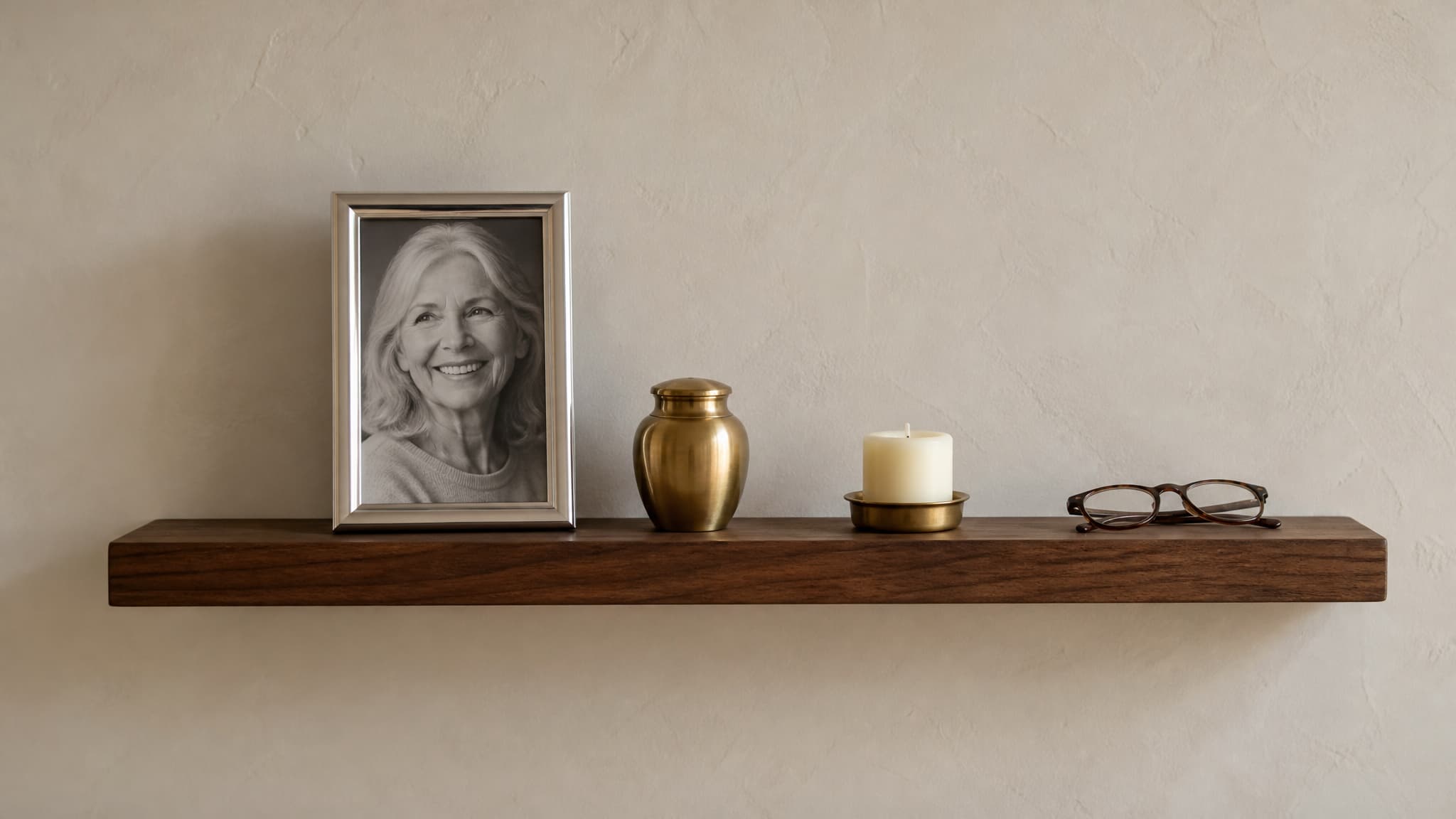 A walnut shelf at eye level holding a framed black-and-white portrait of an older woman, a small brass urn, a candle and a folded pair of glasses