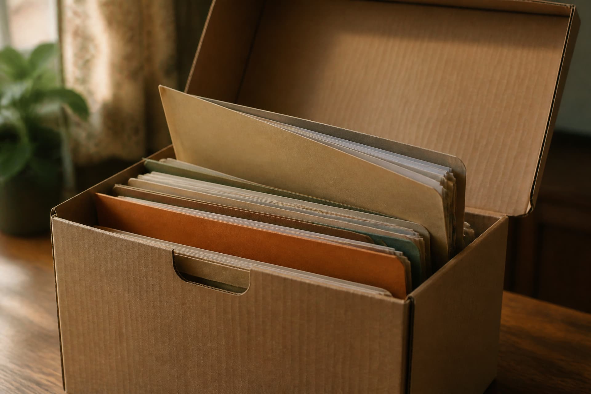 An open document file box on a table holding labeled folders, one folder raised slightly with papers inside
