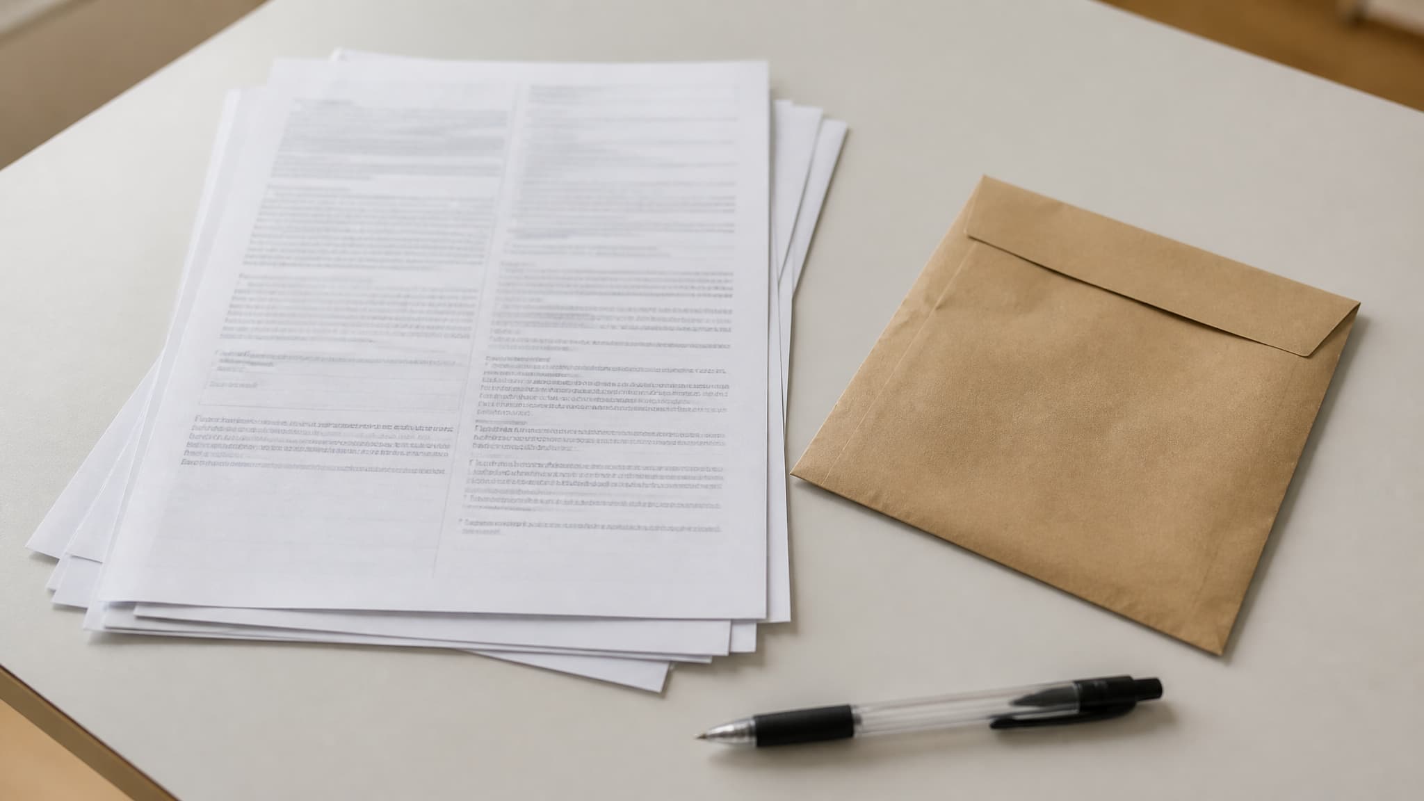A small stack of official documents on a plain table beside an unopened envelope and a pen, in flat daylight