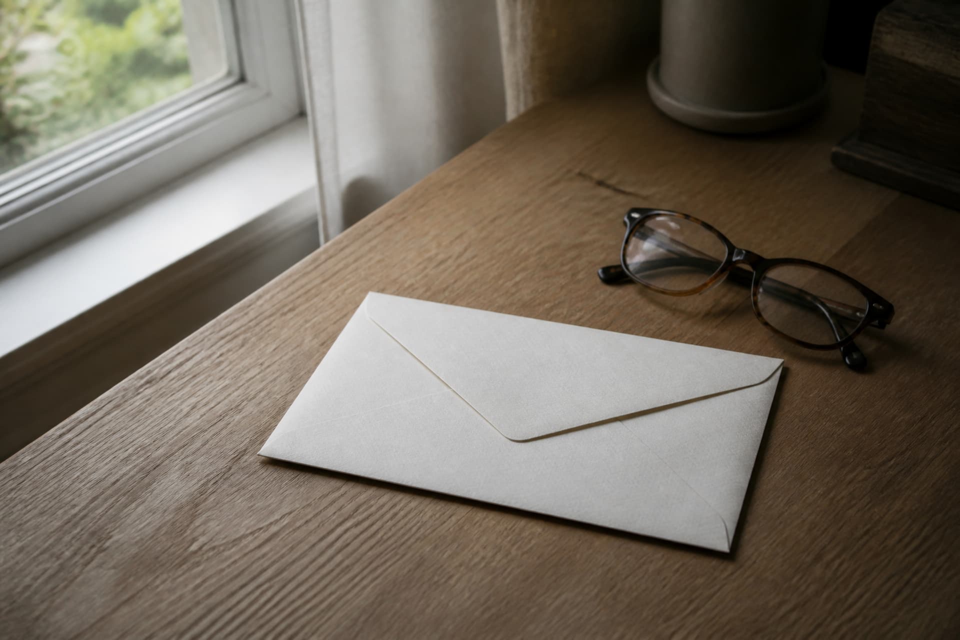 An unopened official envelope resting on a wooden table beside a pair of reading glasses, soft daylight from a window