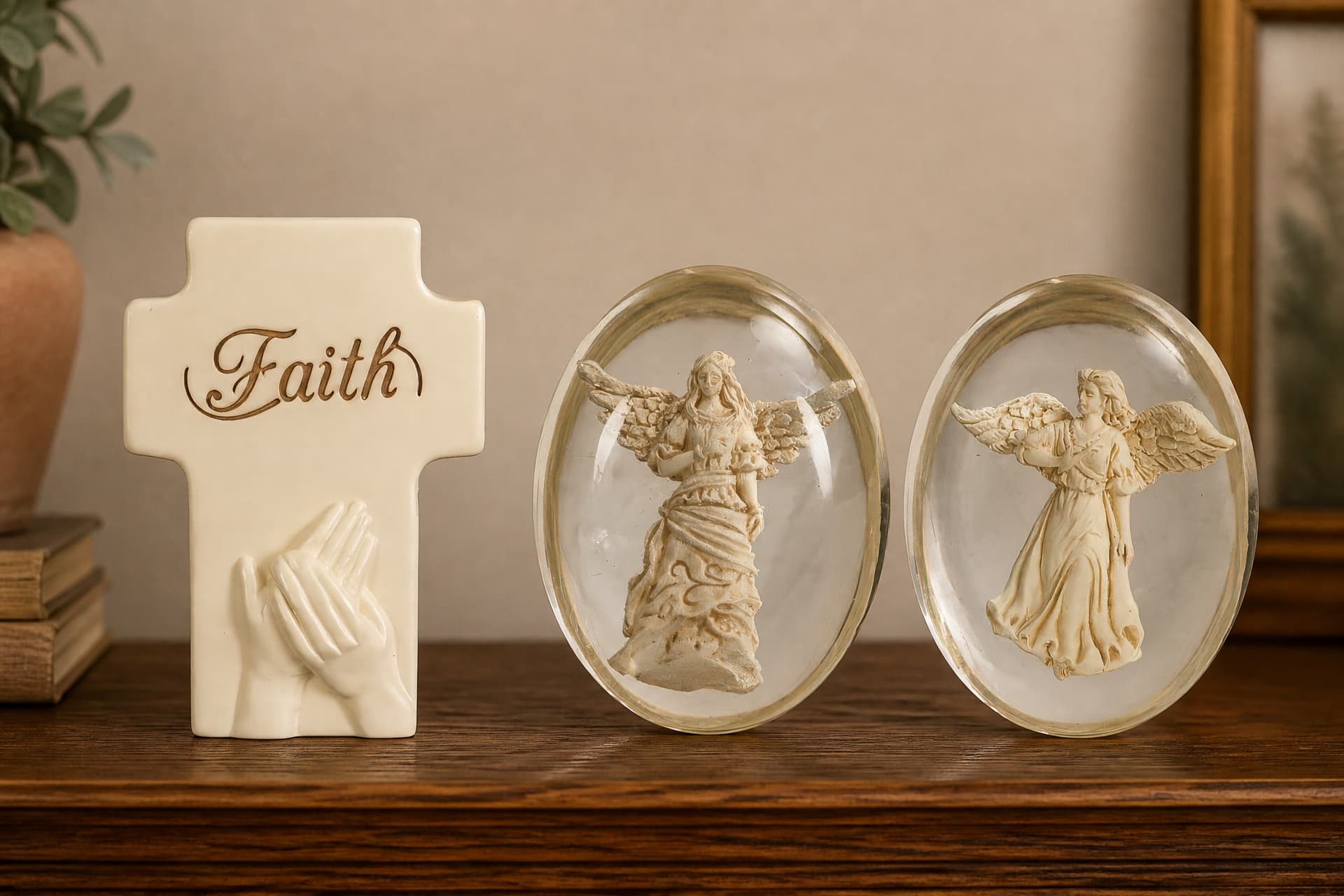 A cream ceramic standing cross engraved "Faith" with praying hands in relief, beside two clear glass ovals each holding a cast angel figure