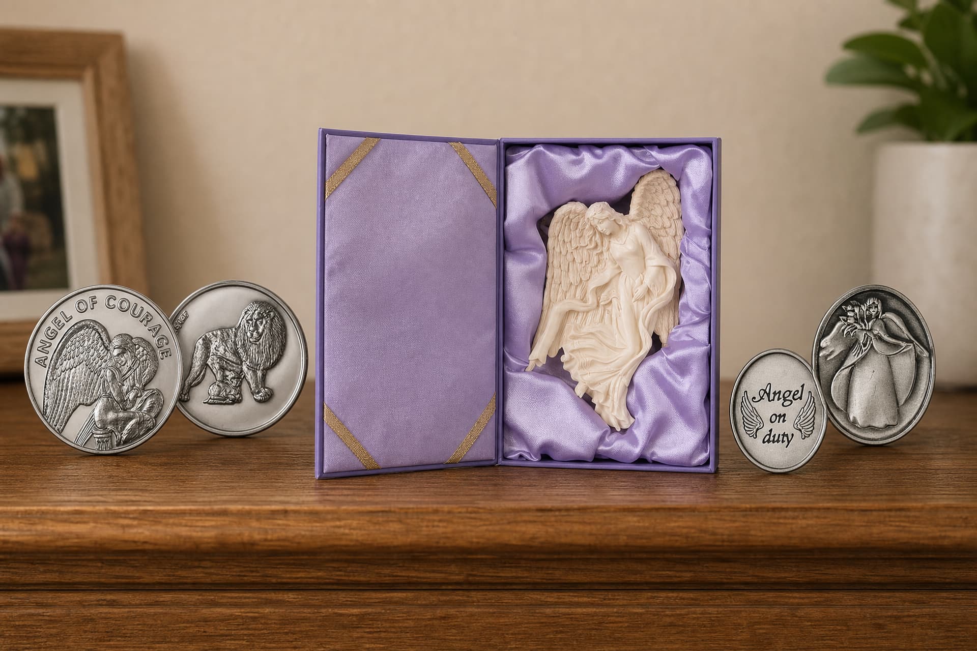 Two pewter pocket tokens standing beside an open lilac gift box holding a cast angel figure on satin, and a second pair of oval tokens, on a wooden sideboard