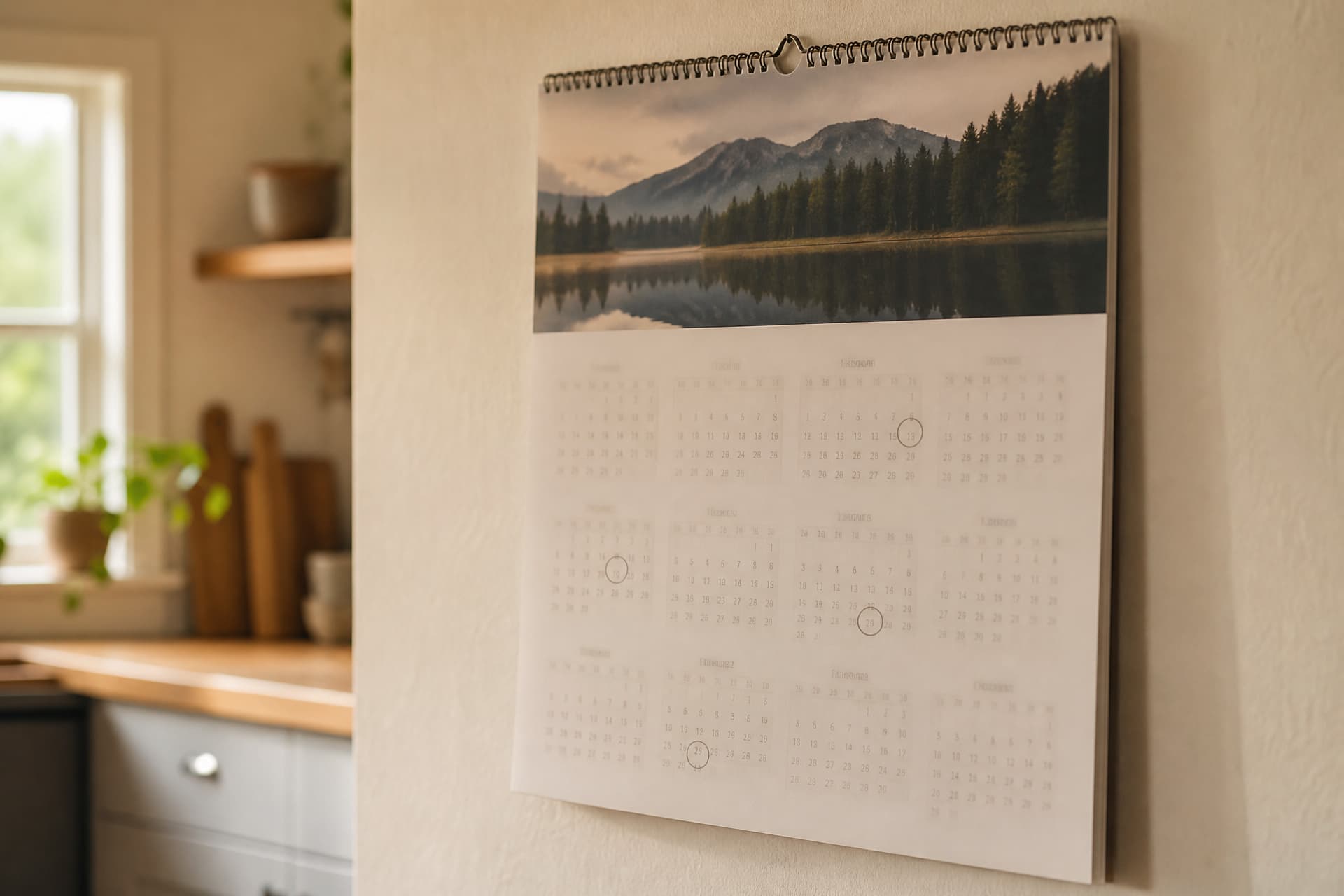 A wall calendar hanging in a kitchen showing a full year at a glance, with four separate dates circled faintly in pencil across different months
