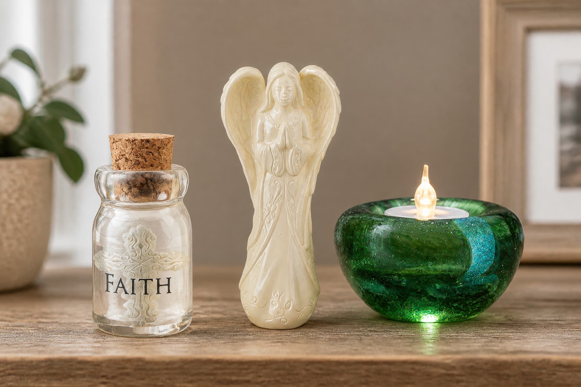 A corked glass keepsake bottle marked Faith, a pale cast praying angel, and a green glass candle holder with a lit tealight, standing on a wooden shelf