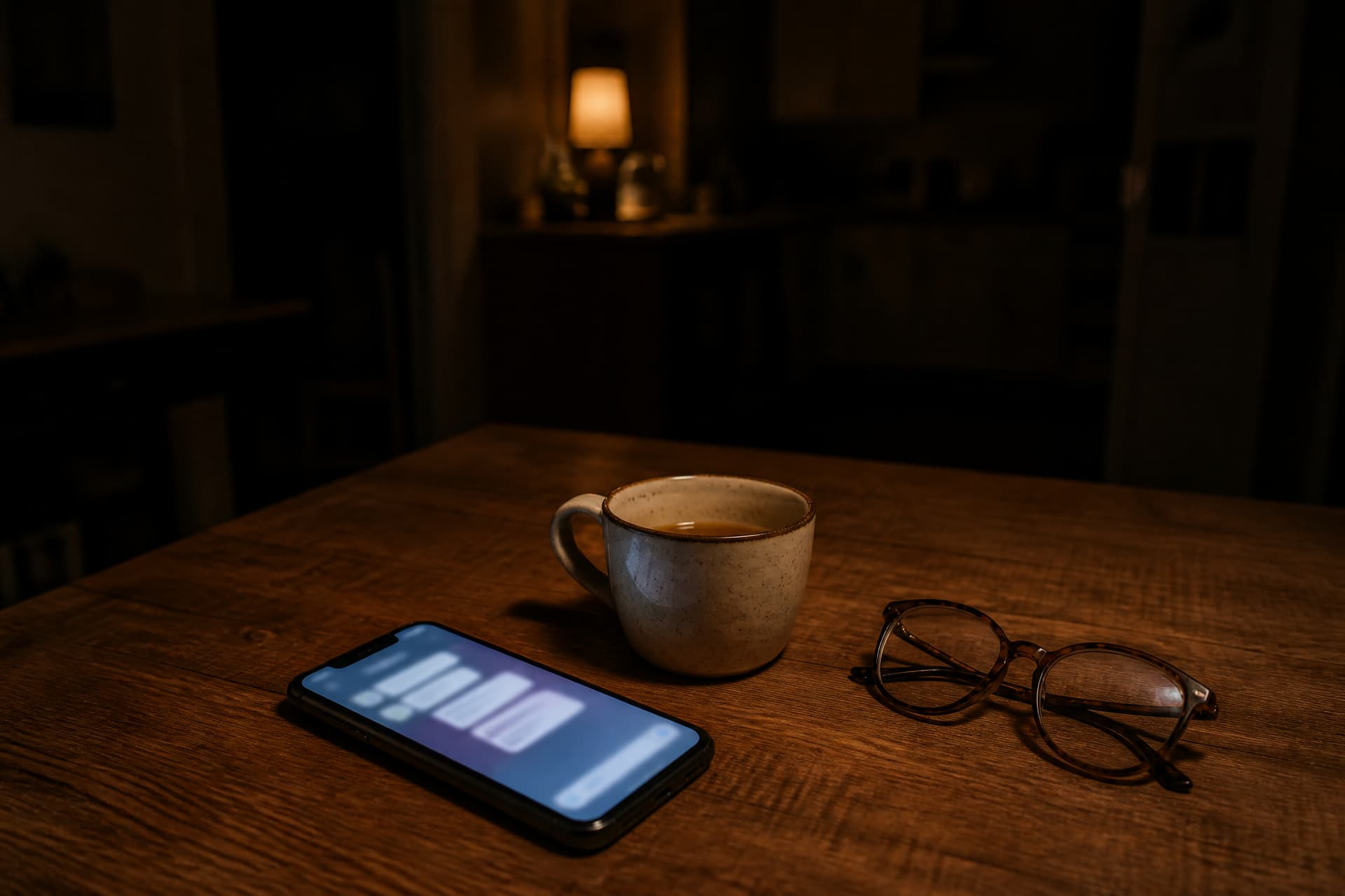 A phone lying face up on a kitchen table late at night beside a cold mug of tea and a pair of reading glasses, the room dark behind it apart from one small lamp
