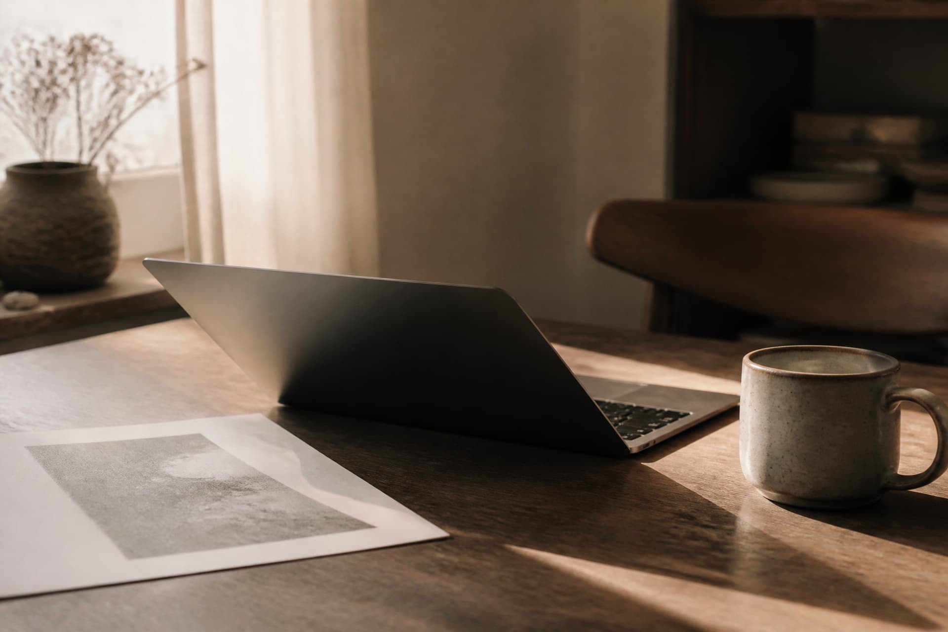 An open laptop closed halfway on a desk beside a printed sheet and a mug, warm afternoon light across the surface