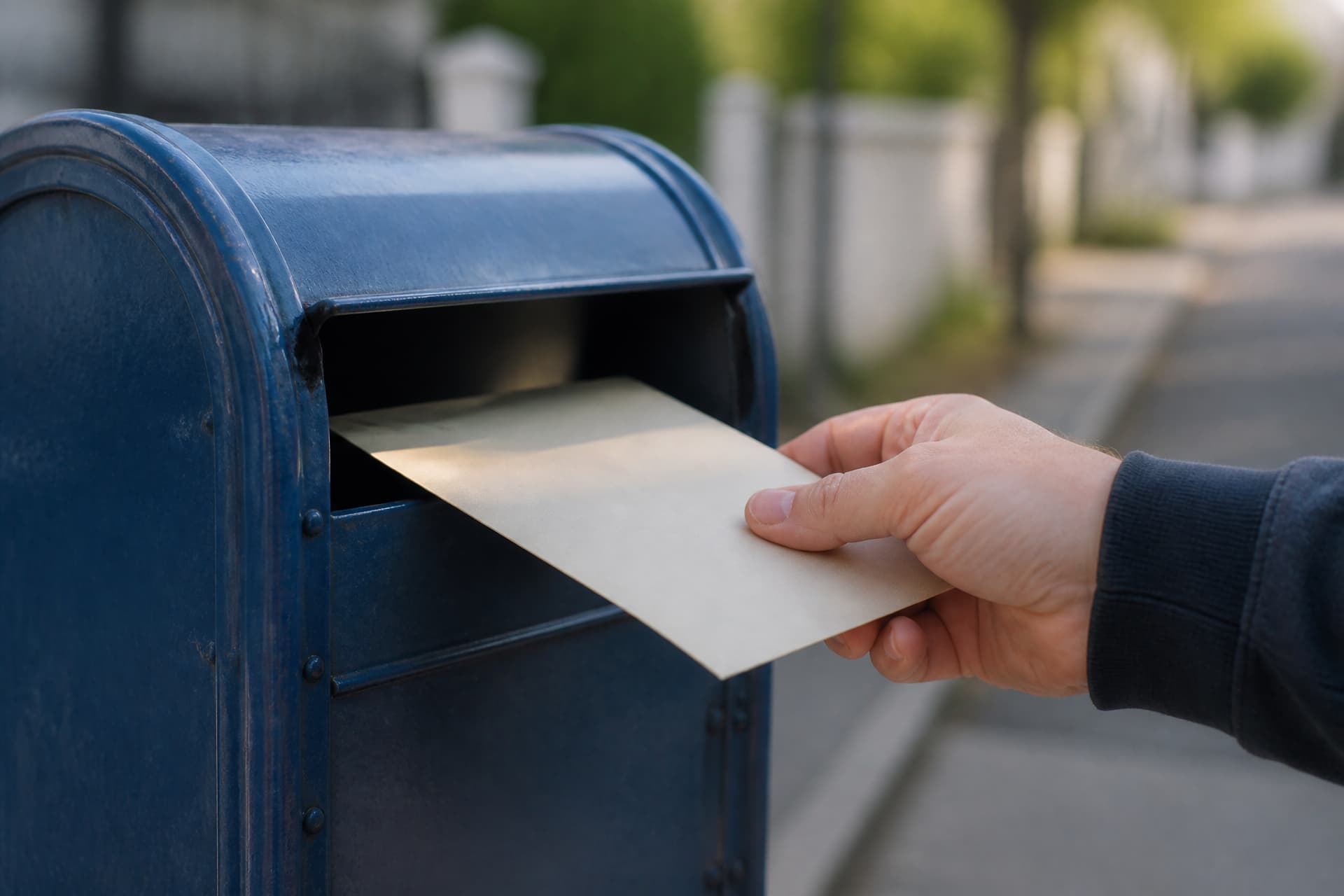 A hand posting a plain cream envelope into the slot of a blue residential mailbox on a quiet street in morning light