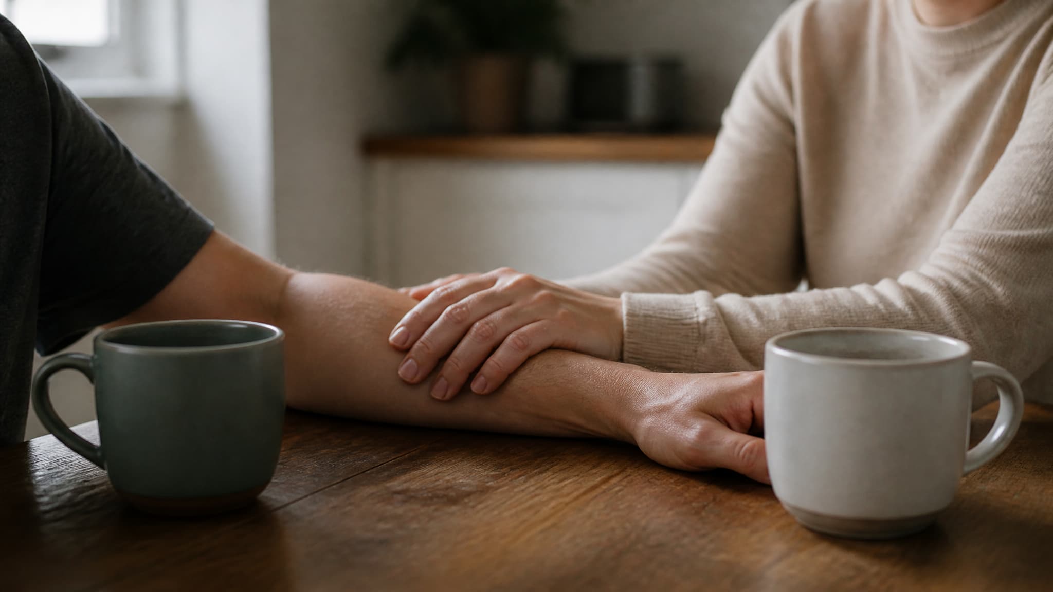 A hand resting on another person's forearm across a kitchen table in soft daylight, faces not visible