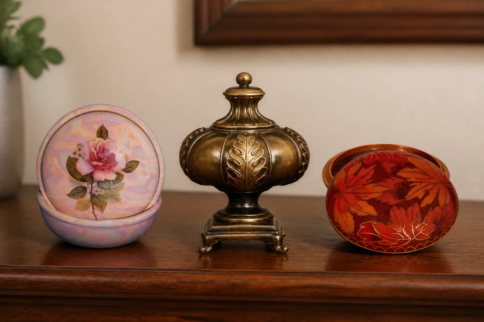 A pink lustre keepsake box painted with a rose, an ornate footed brass keepsake urn, and a red lacquered box with gold maple leaves, on a dark wooden sideboard