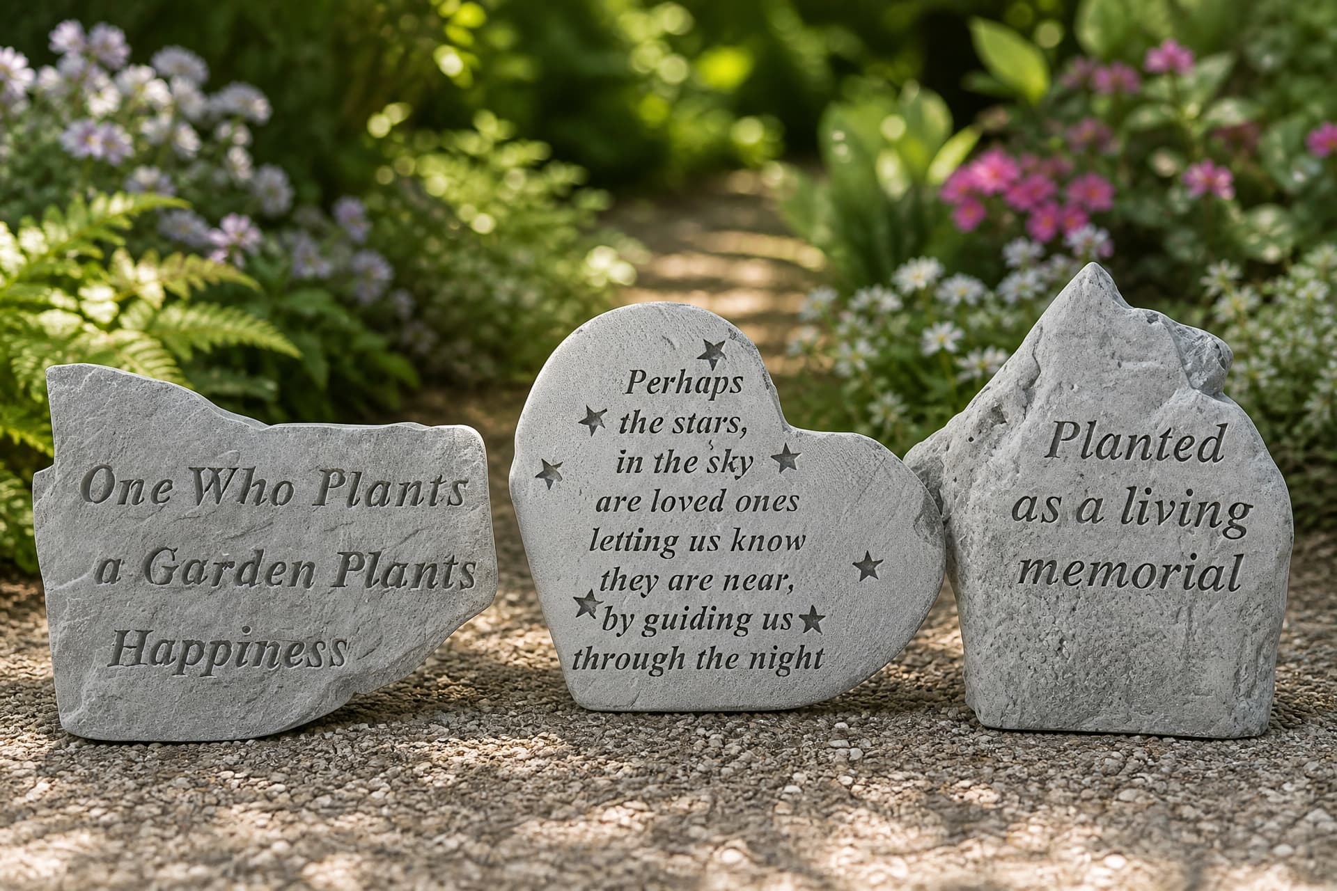 Three engraved cast stone memorial pieces standing on a gravel garden path among ferns and flowers, reading "One Who Plants a Garden Plants Happiness", a heart-shaped stone about stars in the sky, and "Planted as a living memorial"