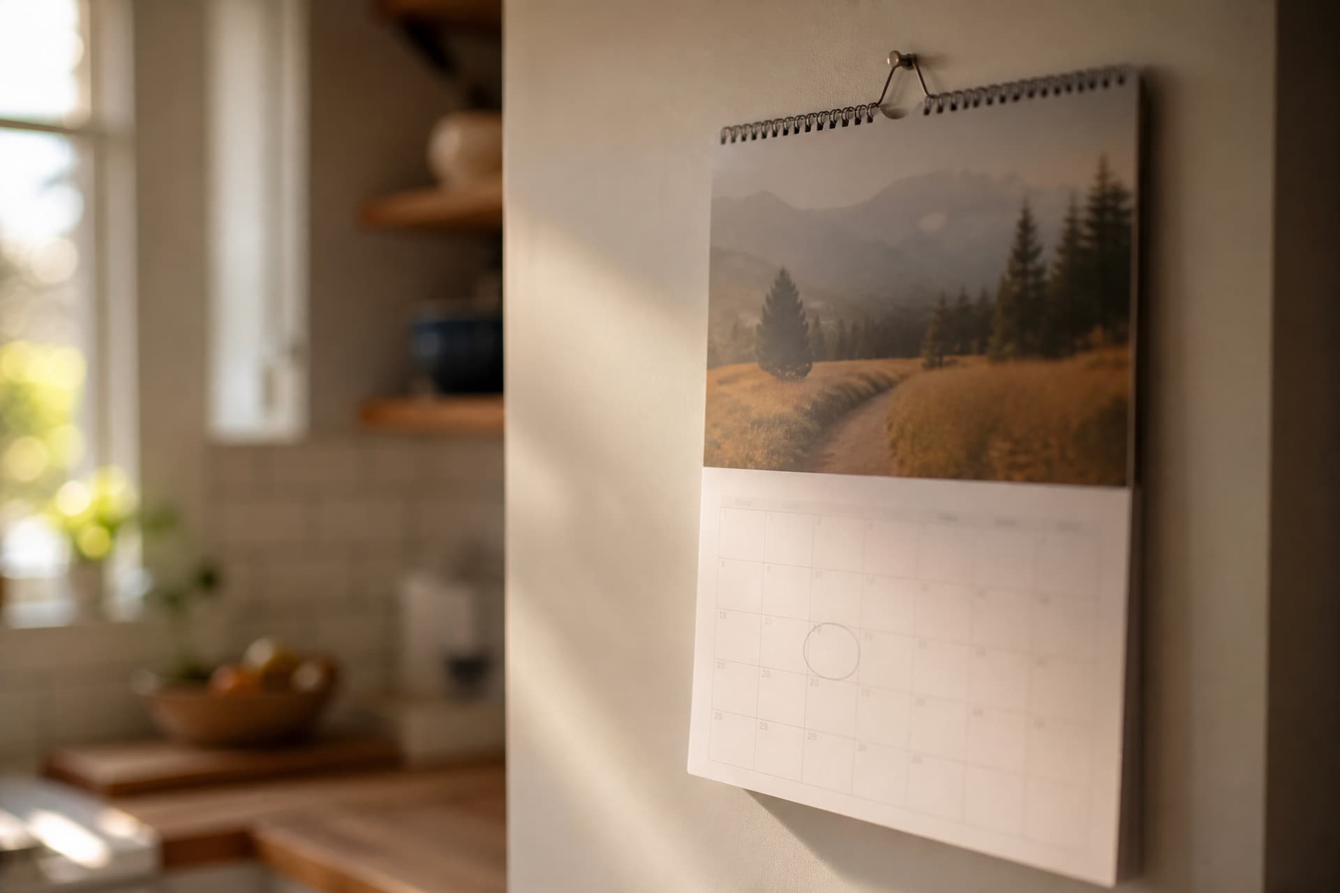 A wall calendar in a quiet kitchen with a single date circled in pencil, seen at an angle in afternoon light