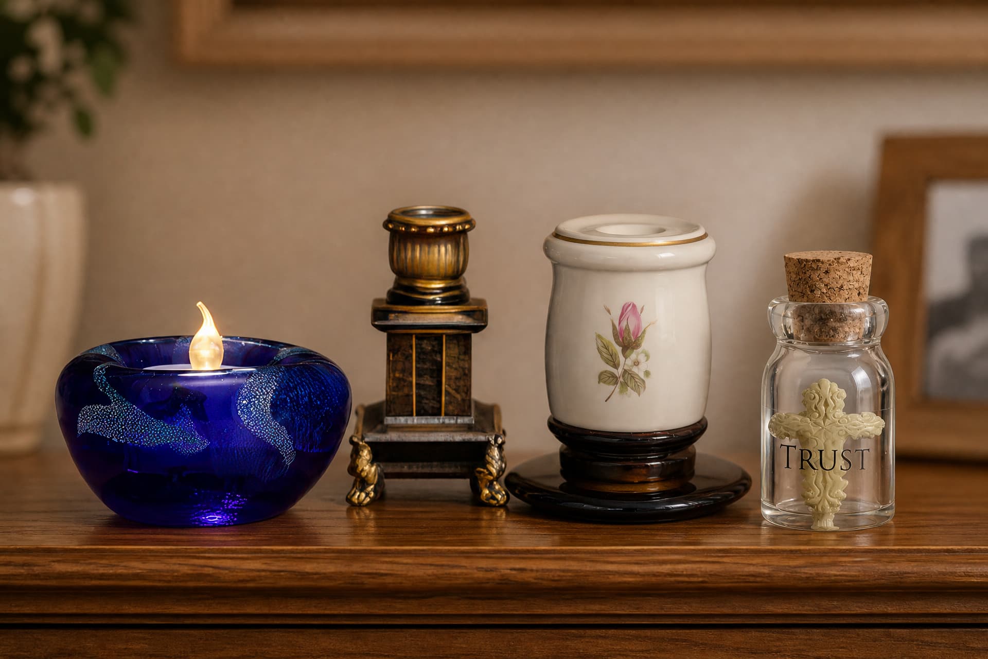 A cobalt blue glass tealight holder with a lit flame, a bronze pillar candle holder, a white candle holder painted with a pink rosebud on a dark saucer, and a corked glass jar marked Trust holding a cast cross