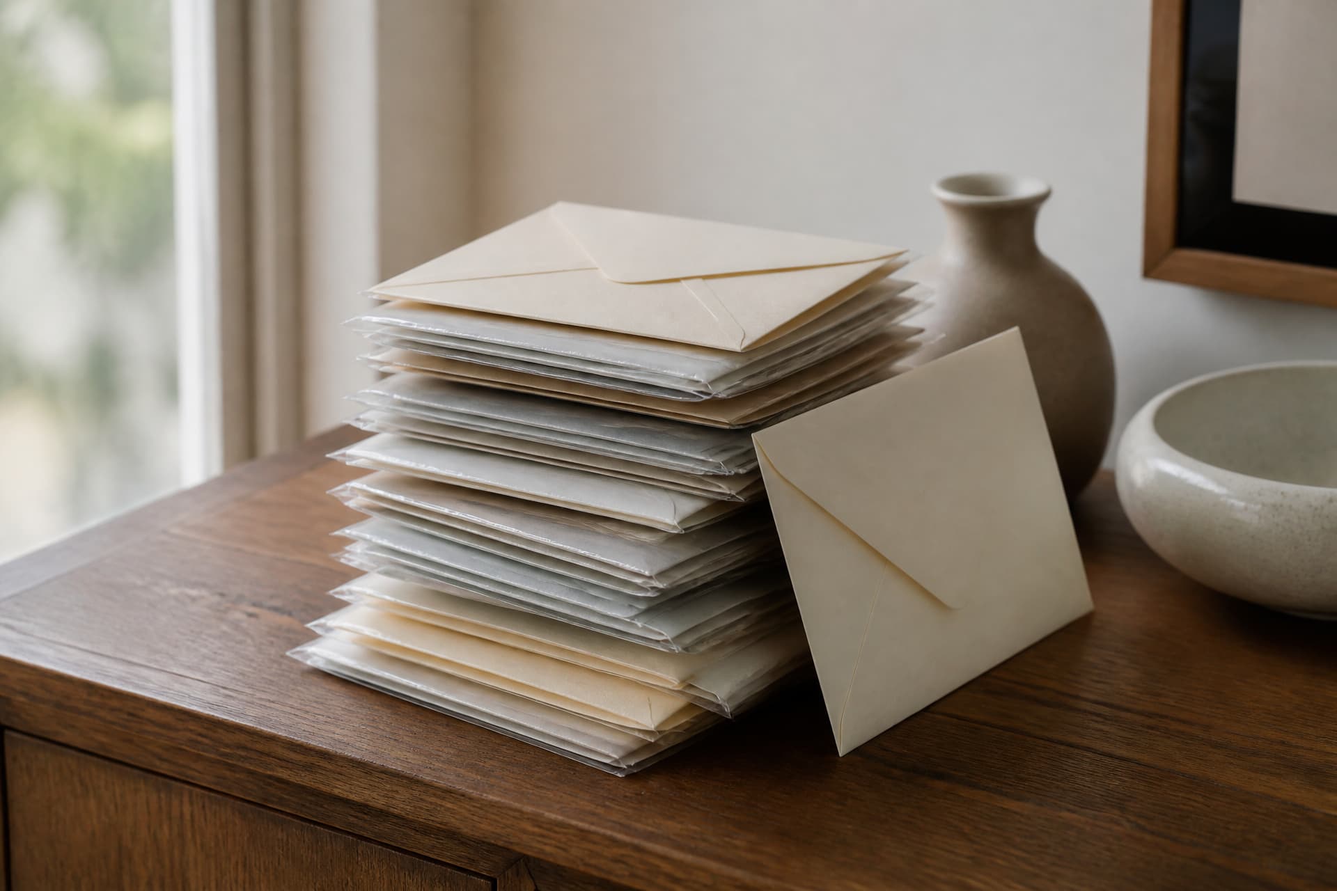 A tall stack of unopened cream and grey greeting-card envelopes on a wooden sideboard by a window, one leaning upright against the pile