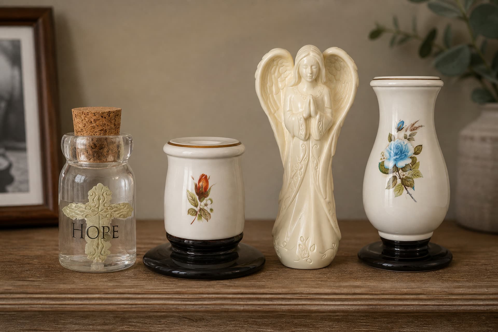 A corked glass keepsake bottle marked Hope, a small cream candle holder with a red rose motif, a pale cast praying angel, and a taller vase with a blue rose motif, on a wooden shelf
