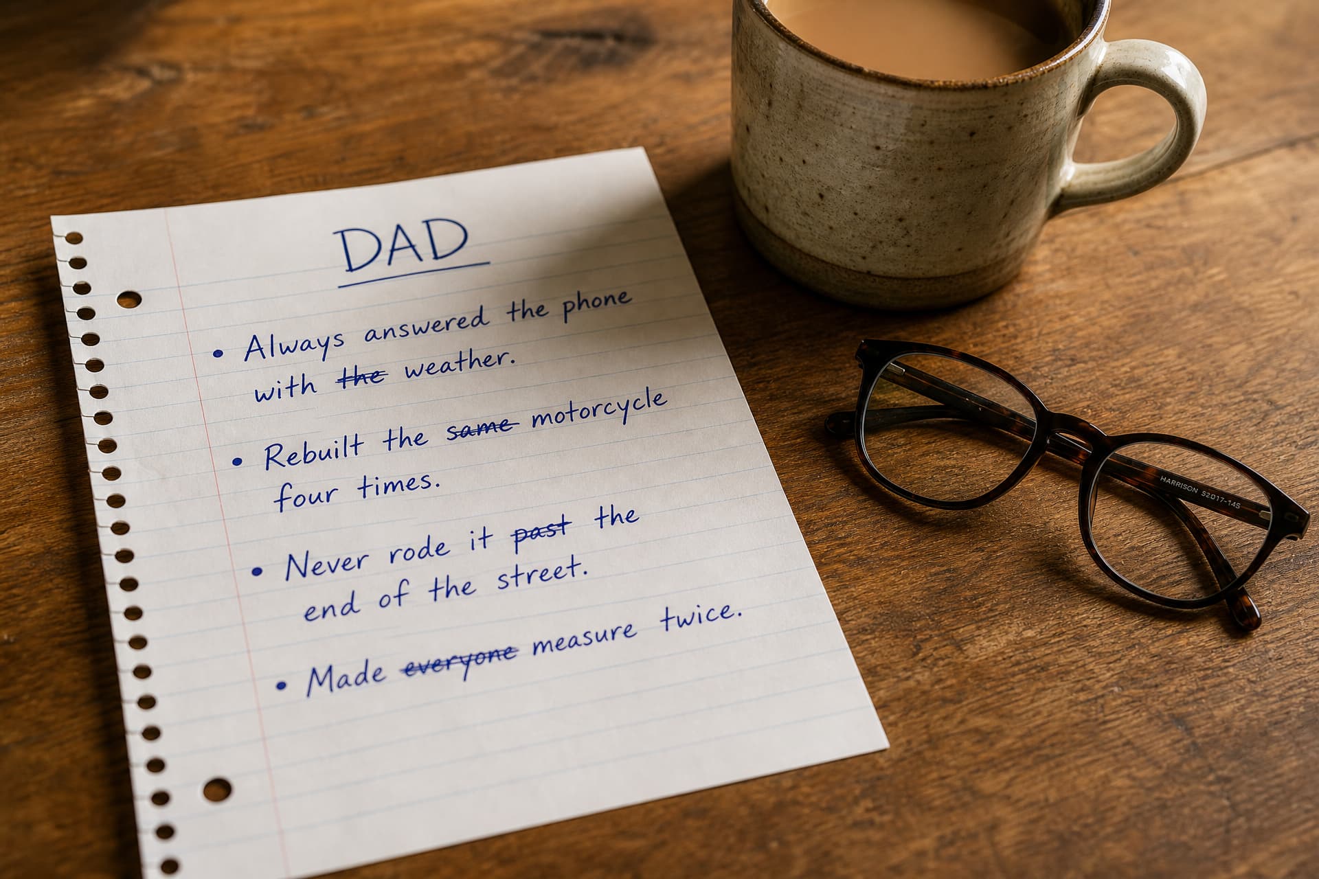 A handwritten page headed "Dad" listing four specific things he always did, in blue ink on a kitchen table beside a mug and reading glasses