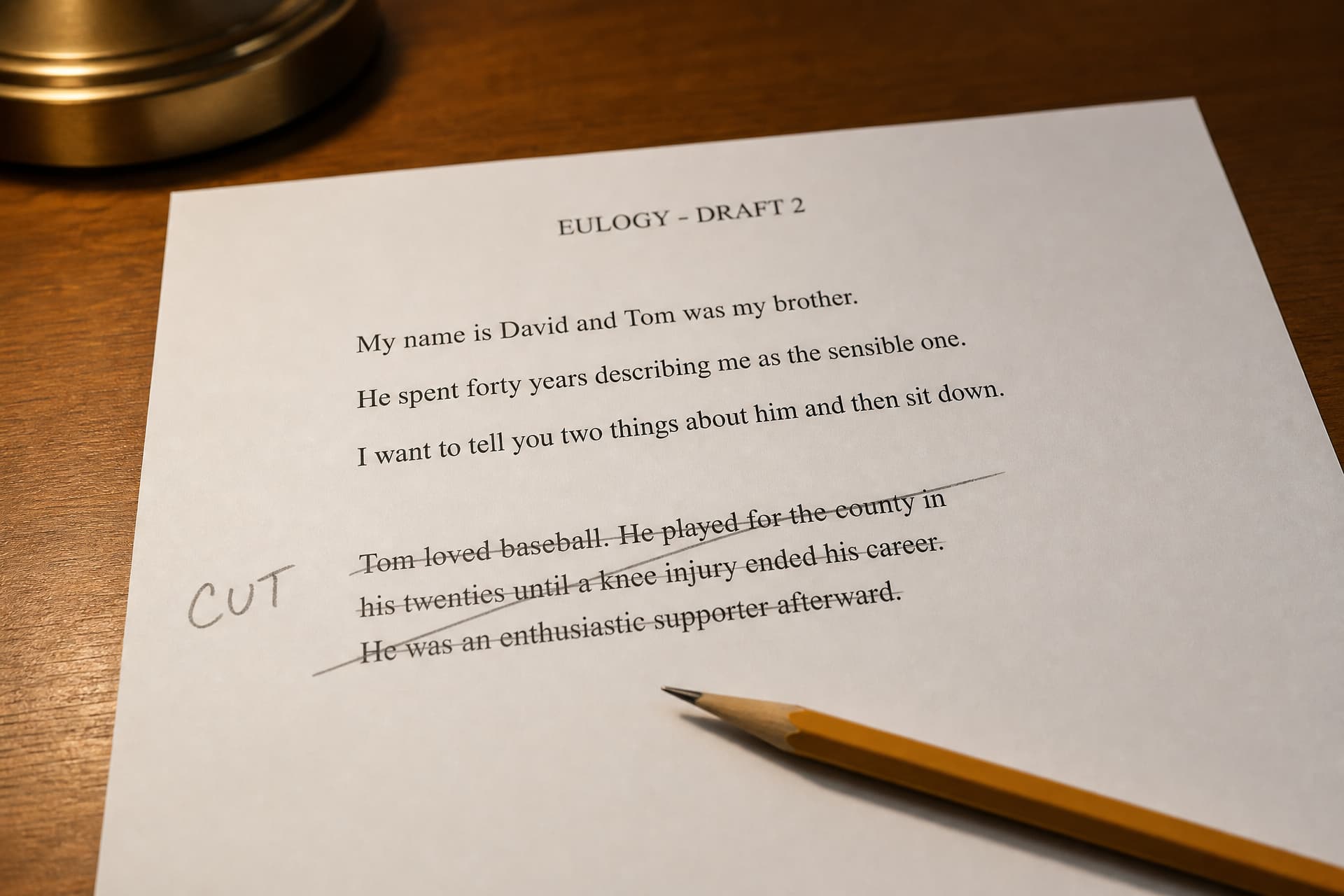A printed eulogy draft with the opening kept and two whole biography paragraphs struck through in pencil, the word "CUT" written in the margin