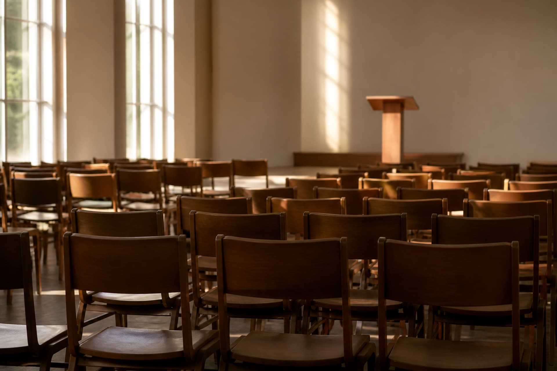 Rows of empty wooden chairs facing a lectern in a bright hall, sunlight falling across the seats