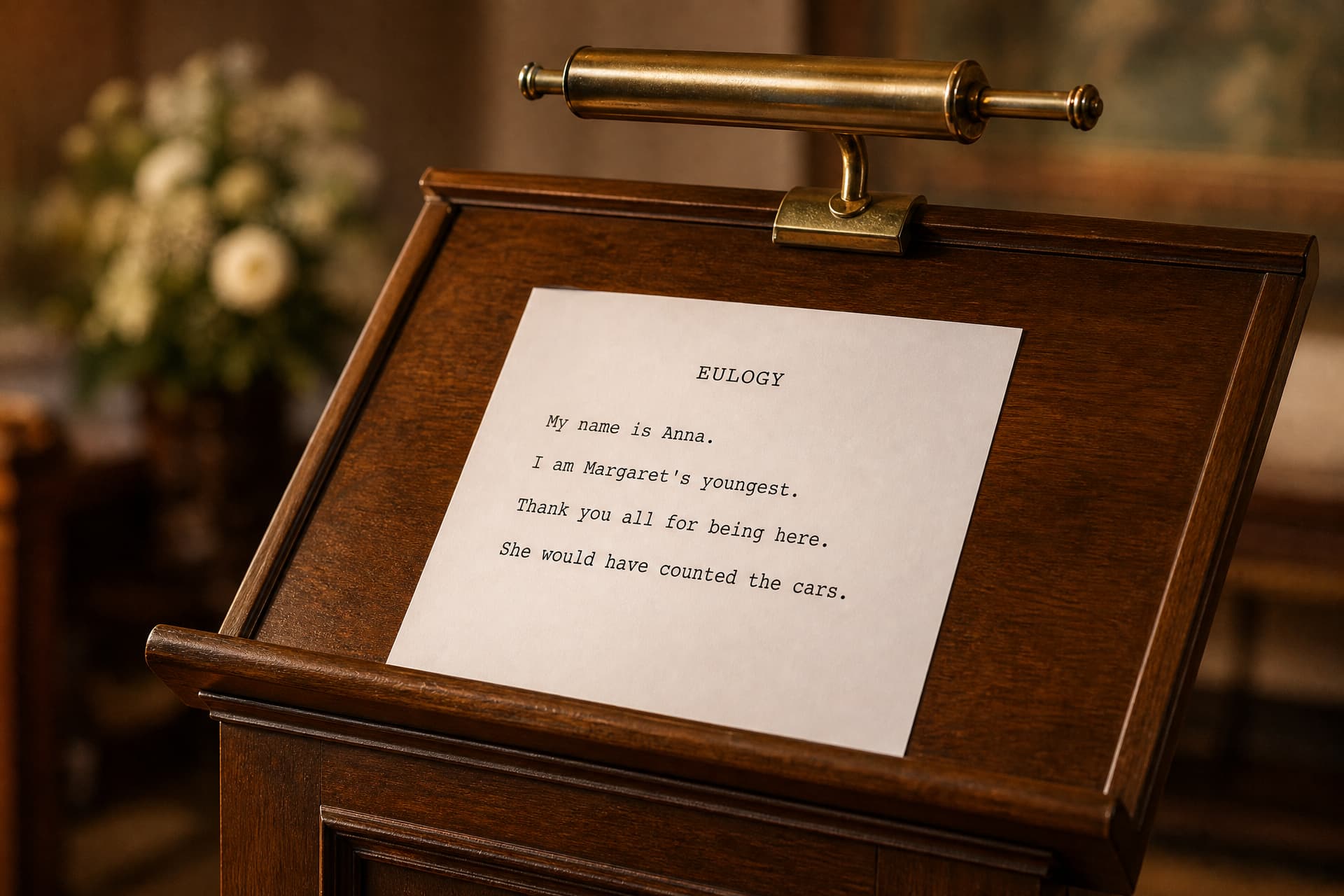 A single printed sheet headed "Eulogy" resting on a wooden lectern in an empty chapel, soft daylight from a window to one side