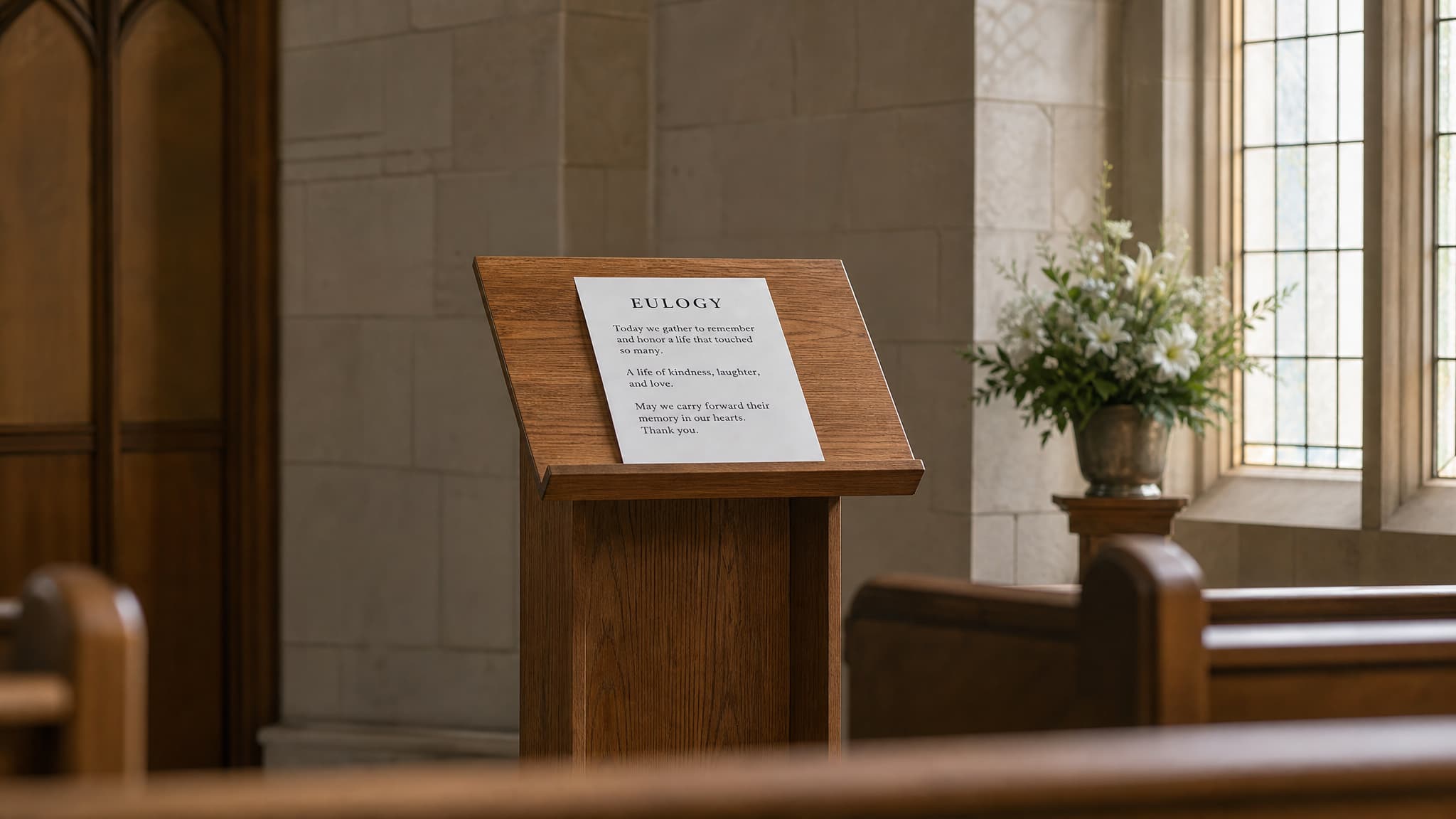 A wooden lectern at the front of an empty chapel with a single sheet of paper resting on it