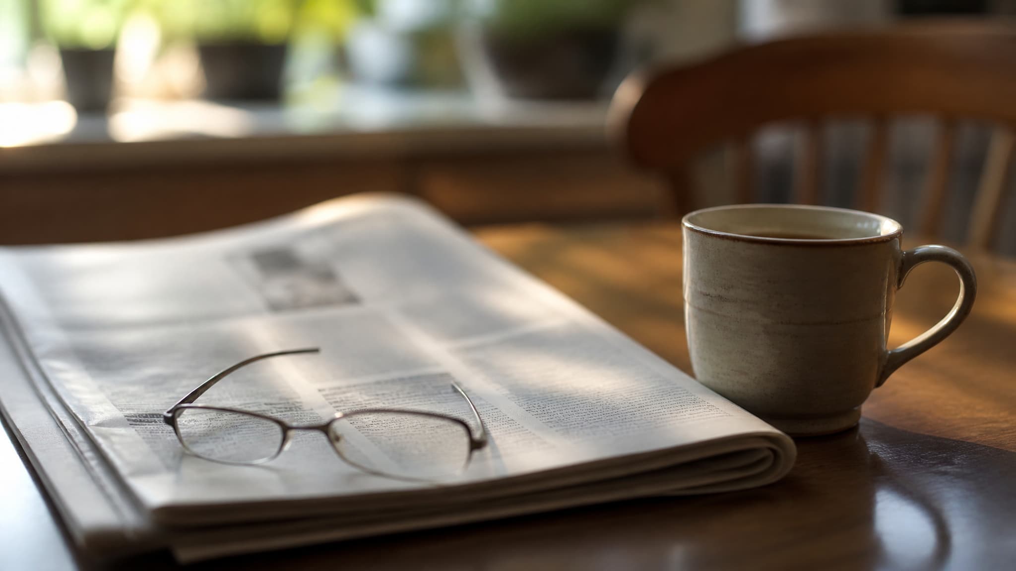 A folded newspaper obituary page on a kitchen table beside a cup of tea and a pair of reading glasses in morning light