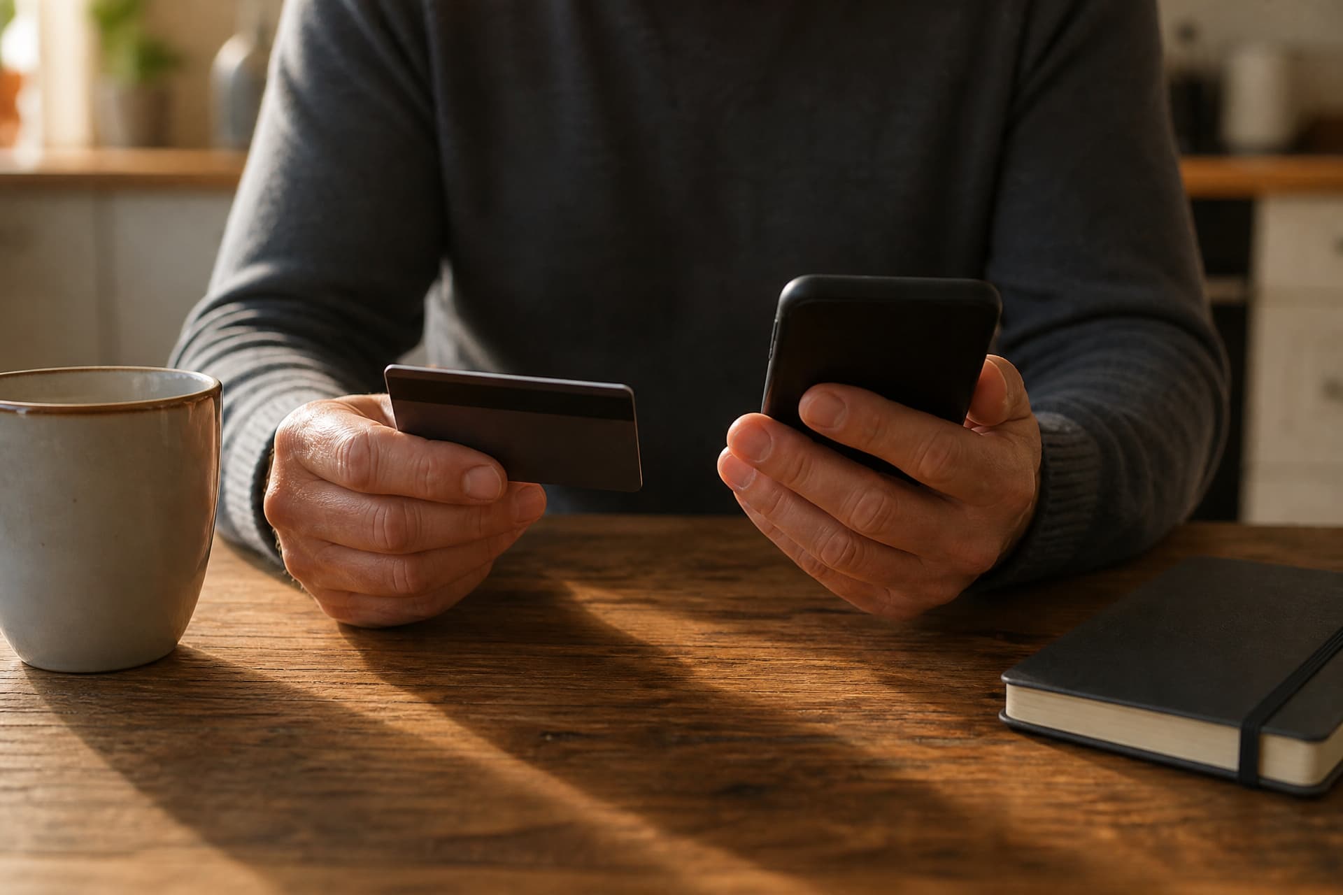 A person's hands at a wooden kitchen table holding a plain bank card and a phone with the screen turned away, a mug and a closed notebook beside them