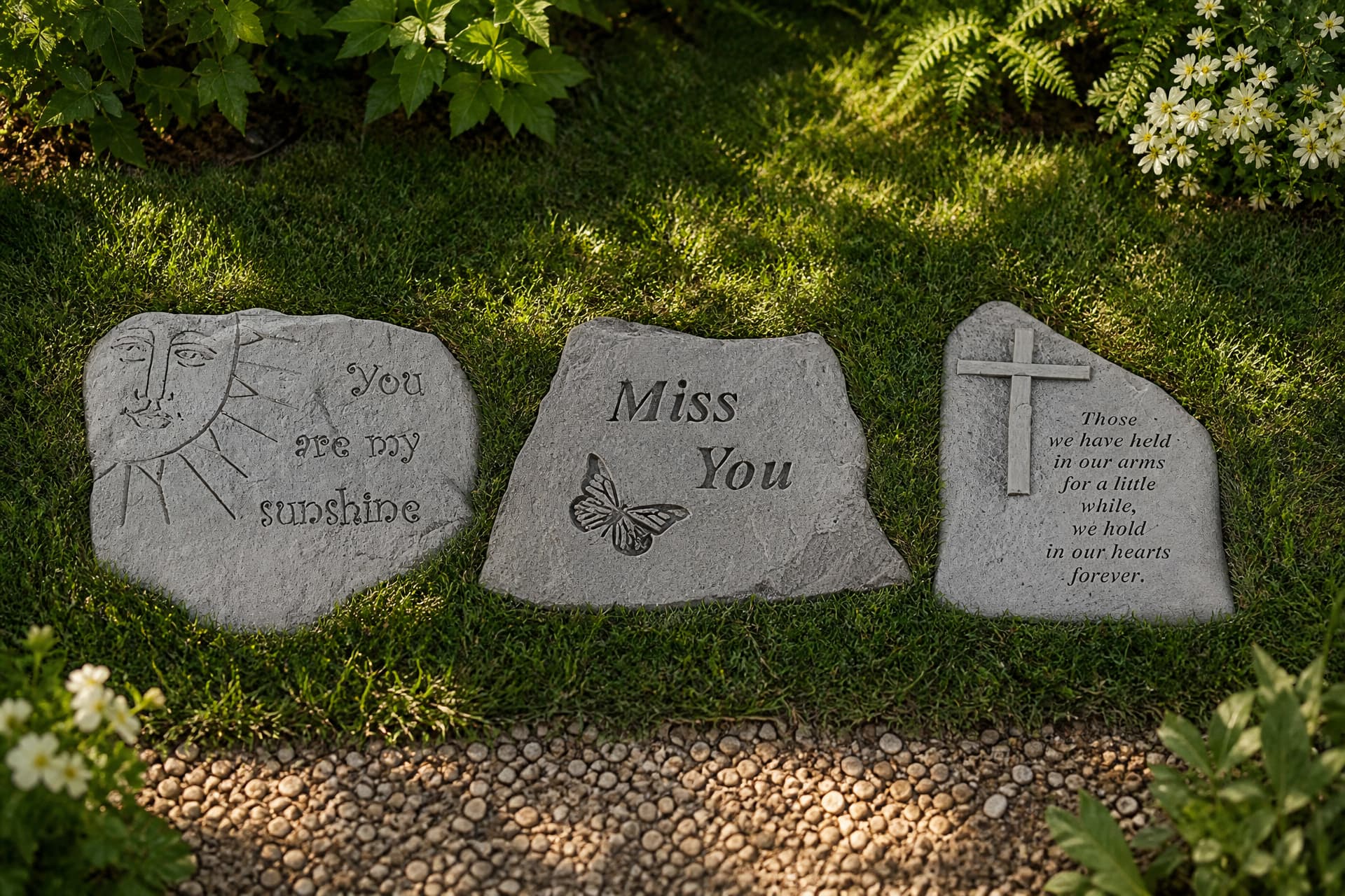 Three engraved memorial garden stones set into moss and grass beside a pebble path, reading "You are my sunshine", "Miss You" with a butterfly, and a longer verse beside a cross