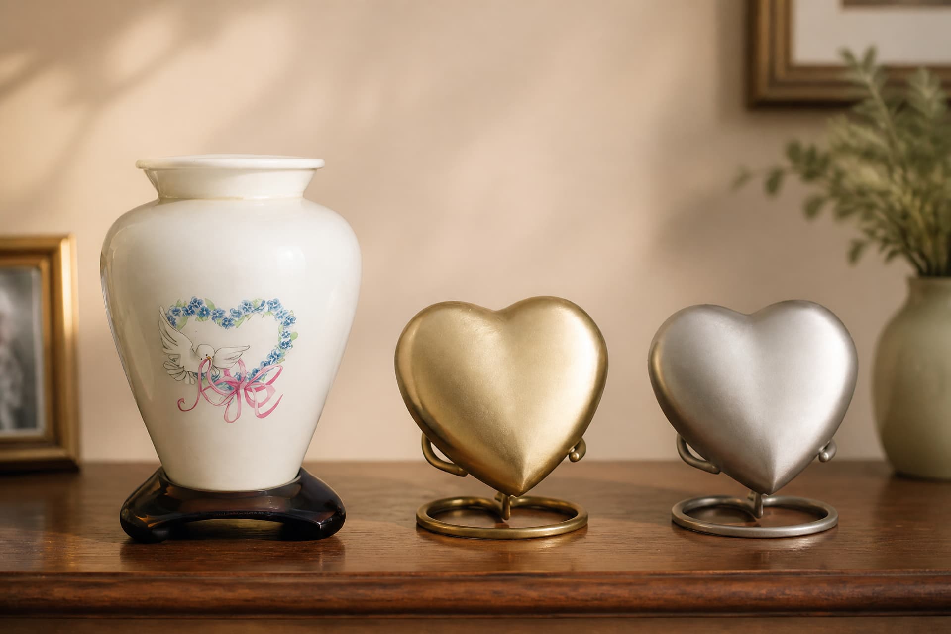 A white ceramic keepsake vase painted with a dove and a forget-me-not heart, beside a gold heart keepsake and a pewter heart keepsake, each on a small ring stand