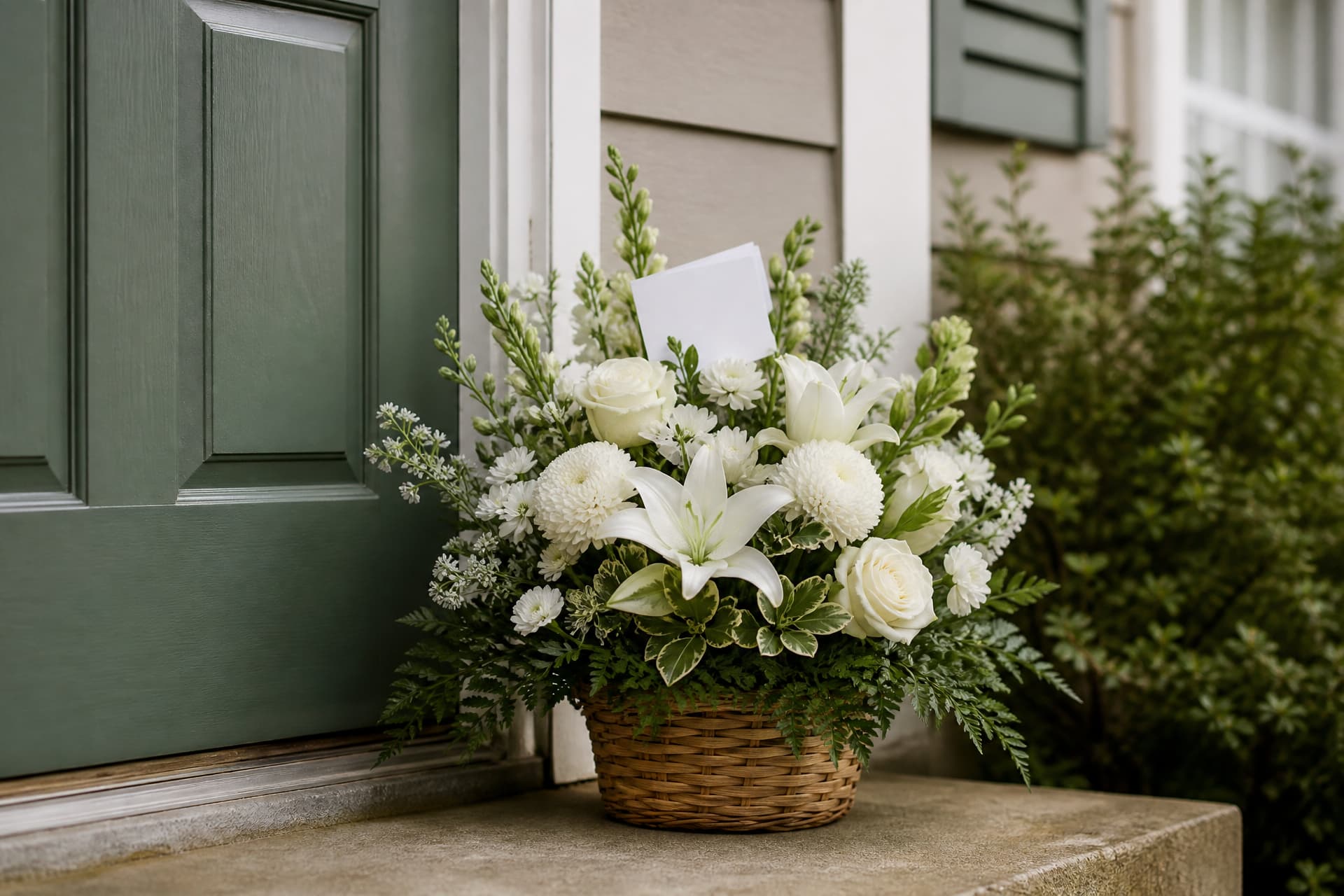 A white and green sympathy flower arrangement in a woven basket standing on the front step of a house beside a closed green door, a blank card tucked among the stems