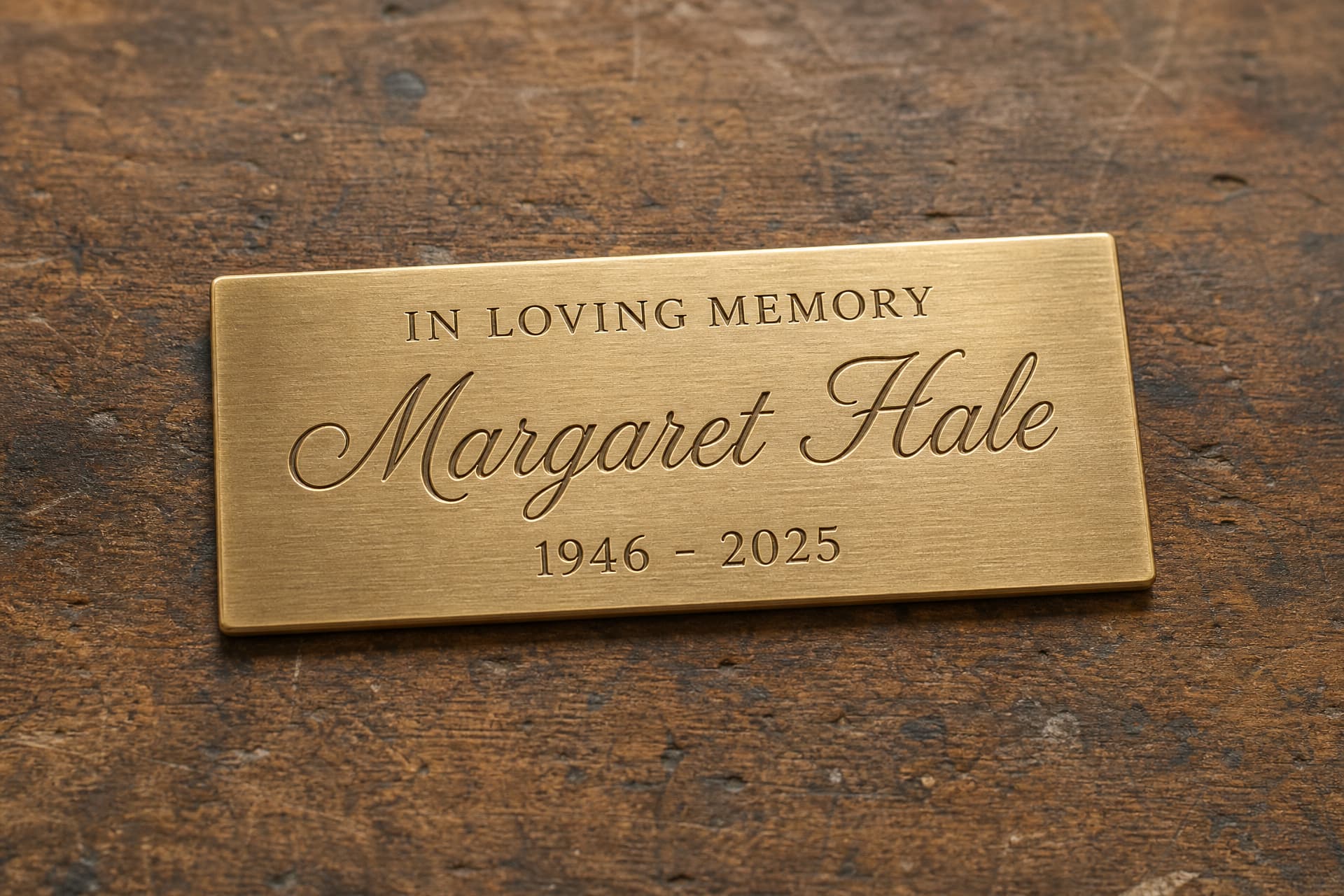 An engraved brass urn nameplate reading "In Loving Memory" above a name in script and two dates, resting on a worn wooden workbench