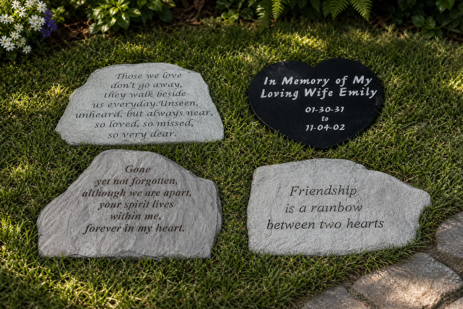 Four engraved garden memorial stones laid in grass, three carrying verses and one a black granite heart reading "In Memory of My Loving Wife Emily"