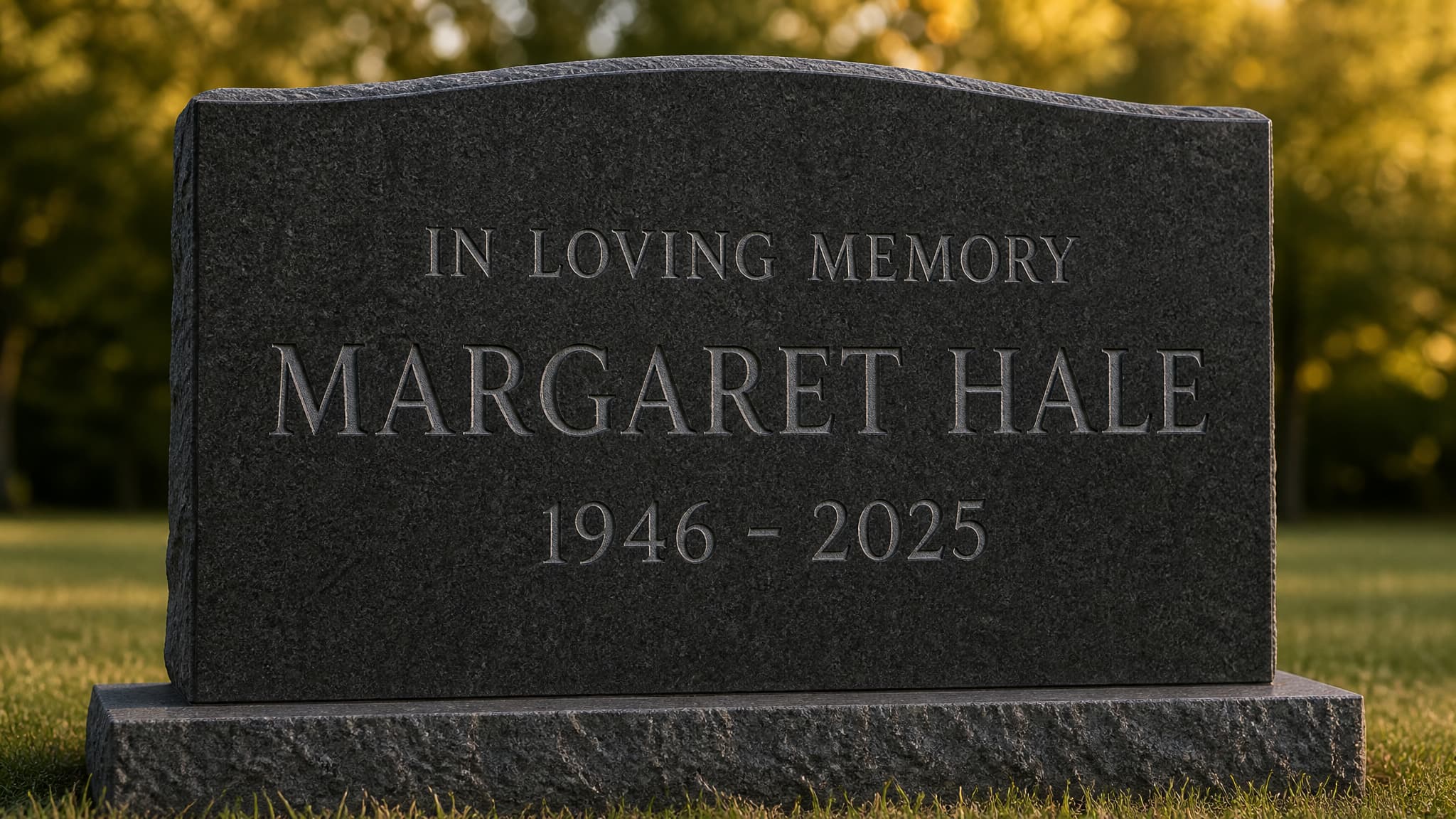 A granite headstone in afternoon light with the words In Loving Memory carved above a family name