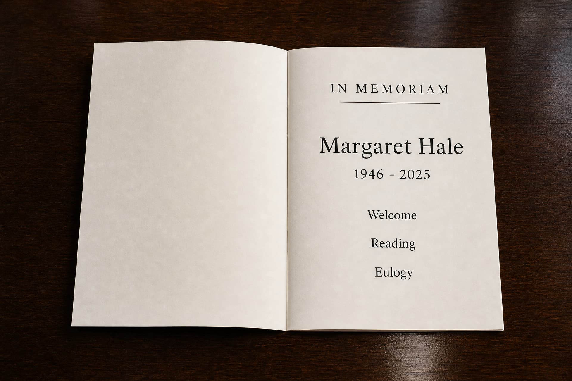 An open memorial service program on a dark table, the right page headed "In Memoriam" above a name, dates, and three order-of-service lines