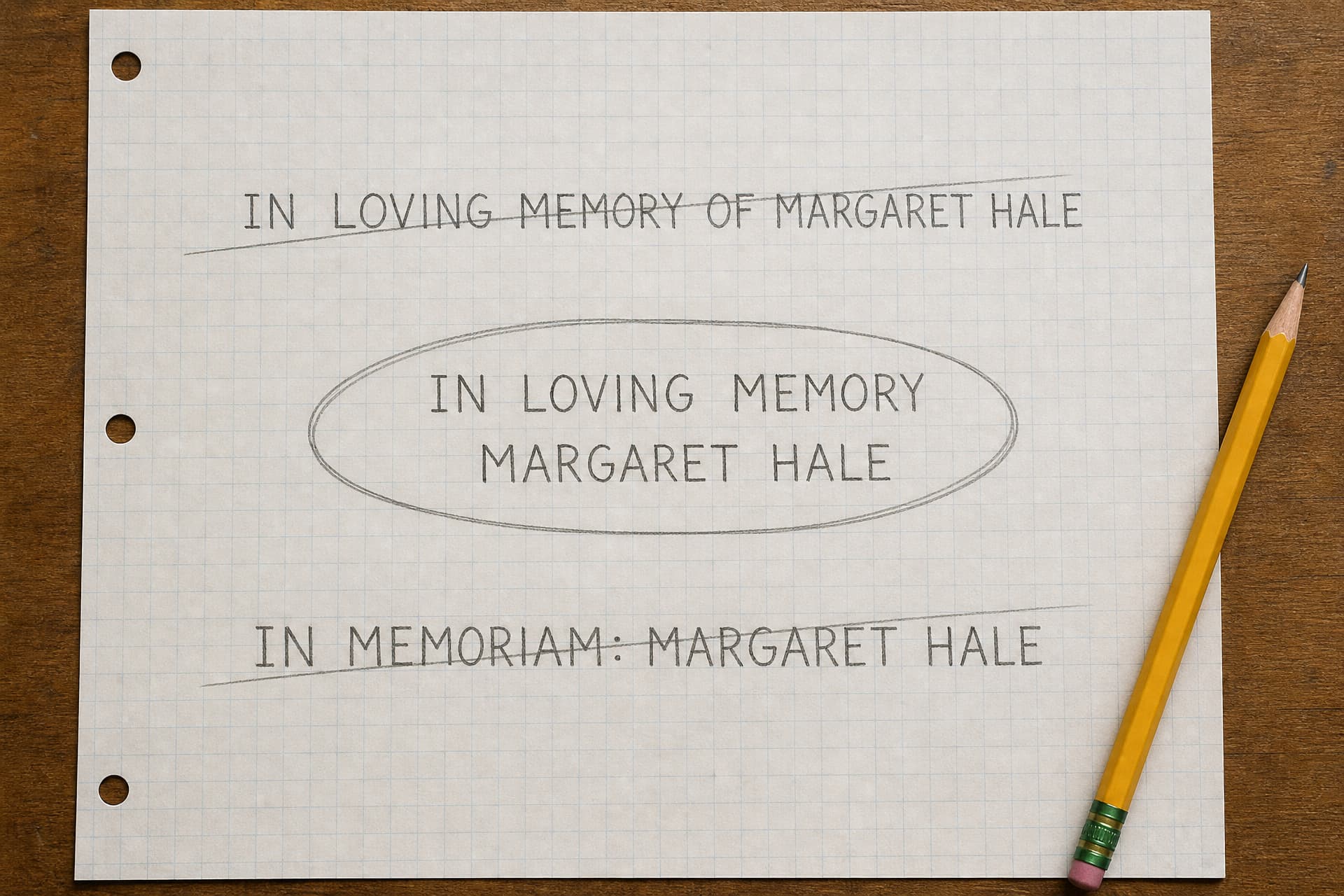 A sheet of graph paper with three memorial inscription layouts drafted in pencil, two struck through and the middle one circled