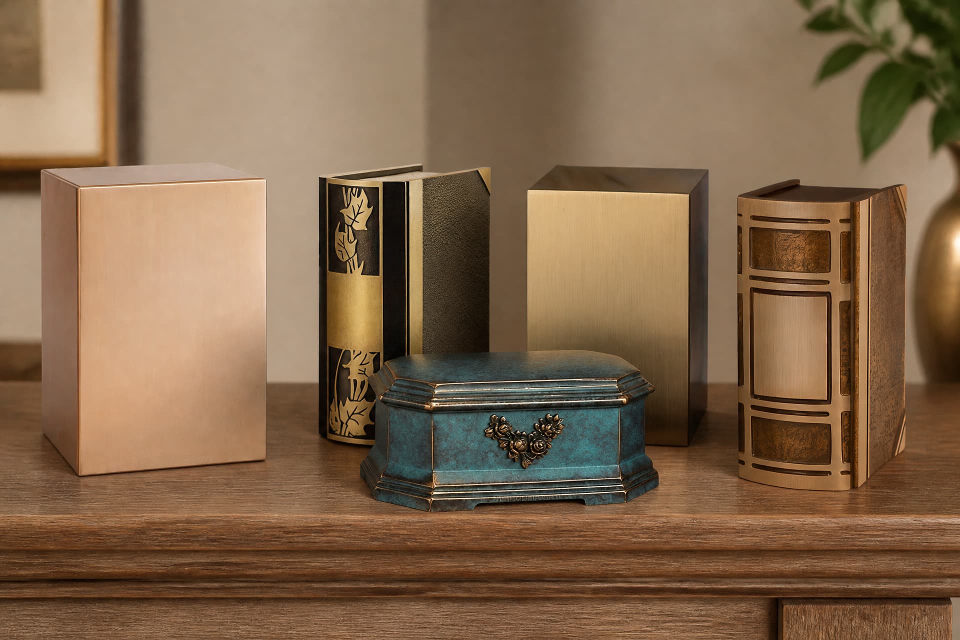Five plain bronze cremation urns on a wooden shelf โ a smooth brass box, two book-form urns, a brushed bronze box and a verdigris green chest with a small brass floral mount