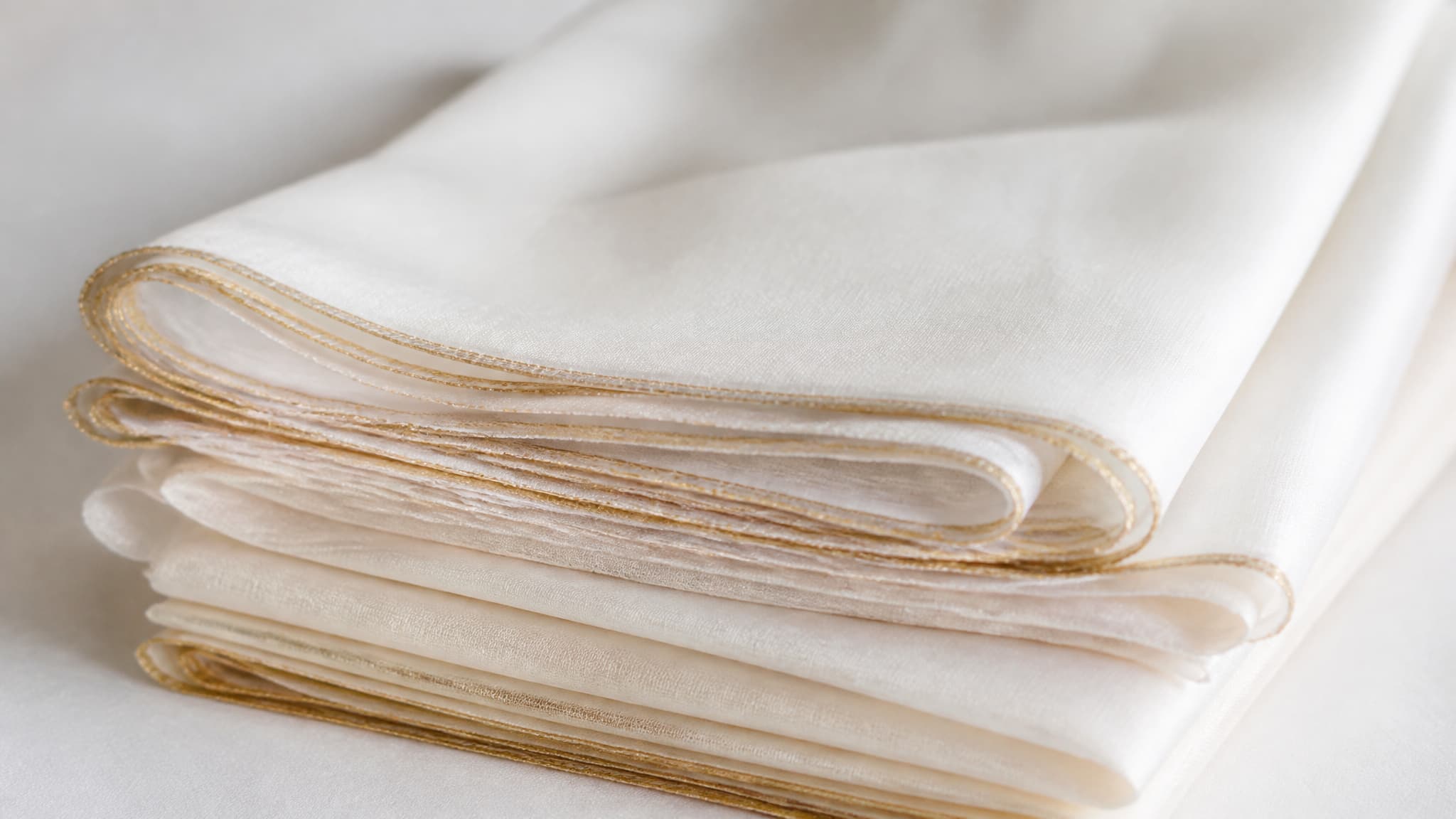 Folded lengths of white and cream fabric with fine gold-thread edging resting on a plain pale surface