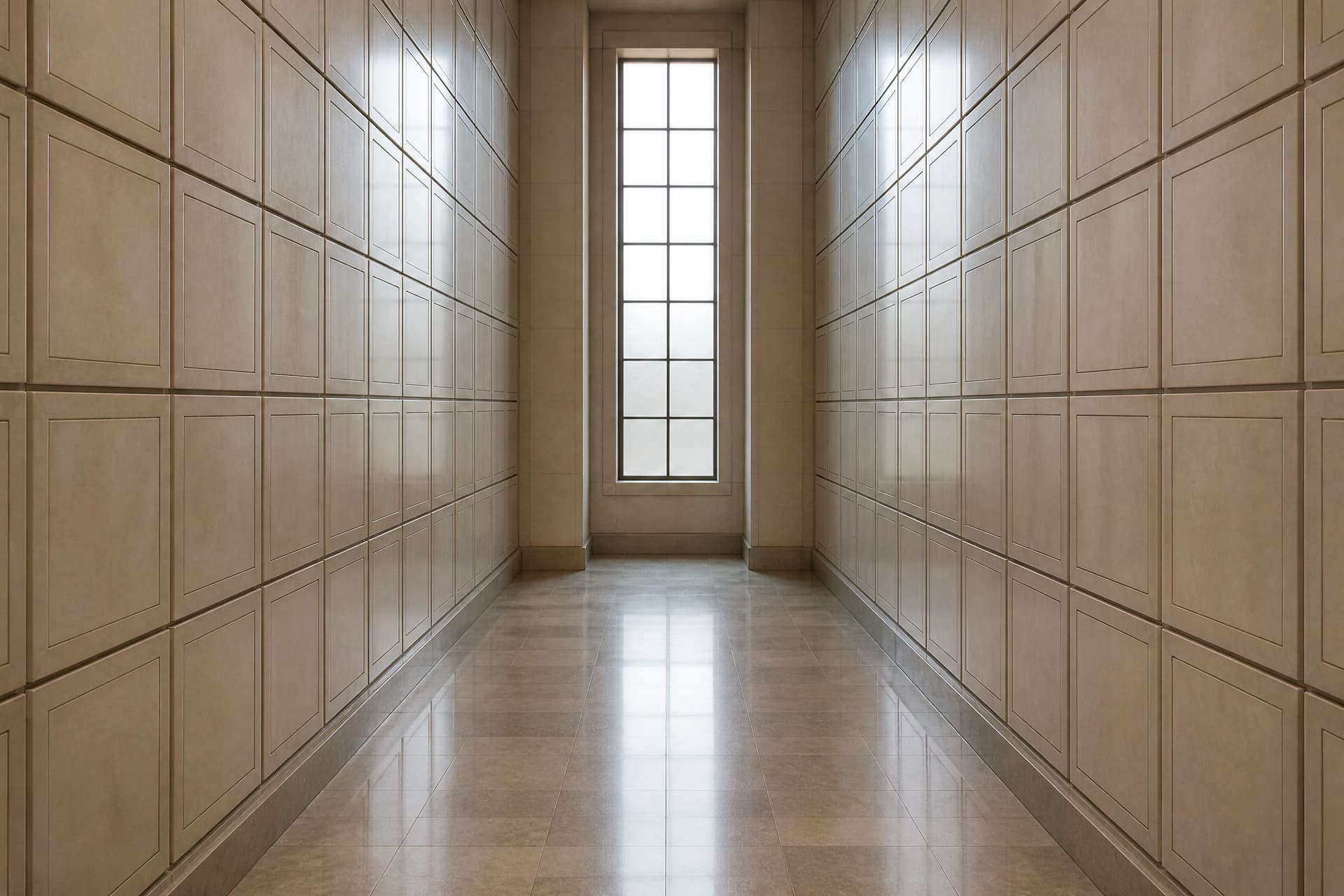 A quiet columbarium corridor inside a mausoleum, its stone walls divided into a grid of small niche fronts, lit by daylight from a tall window at the far end