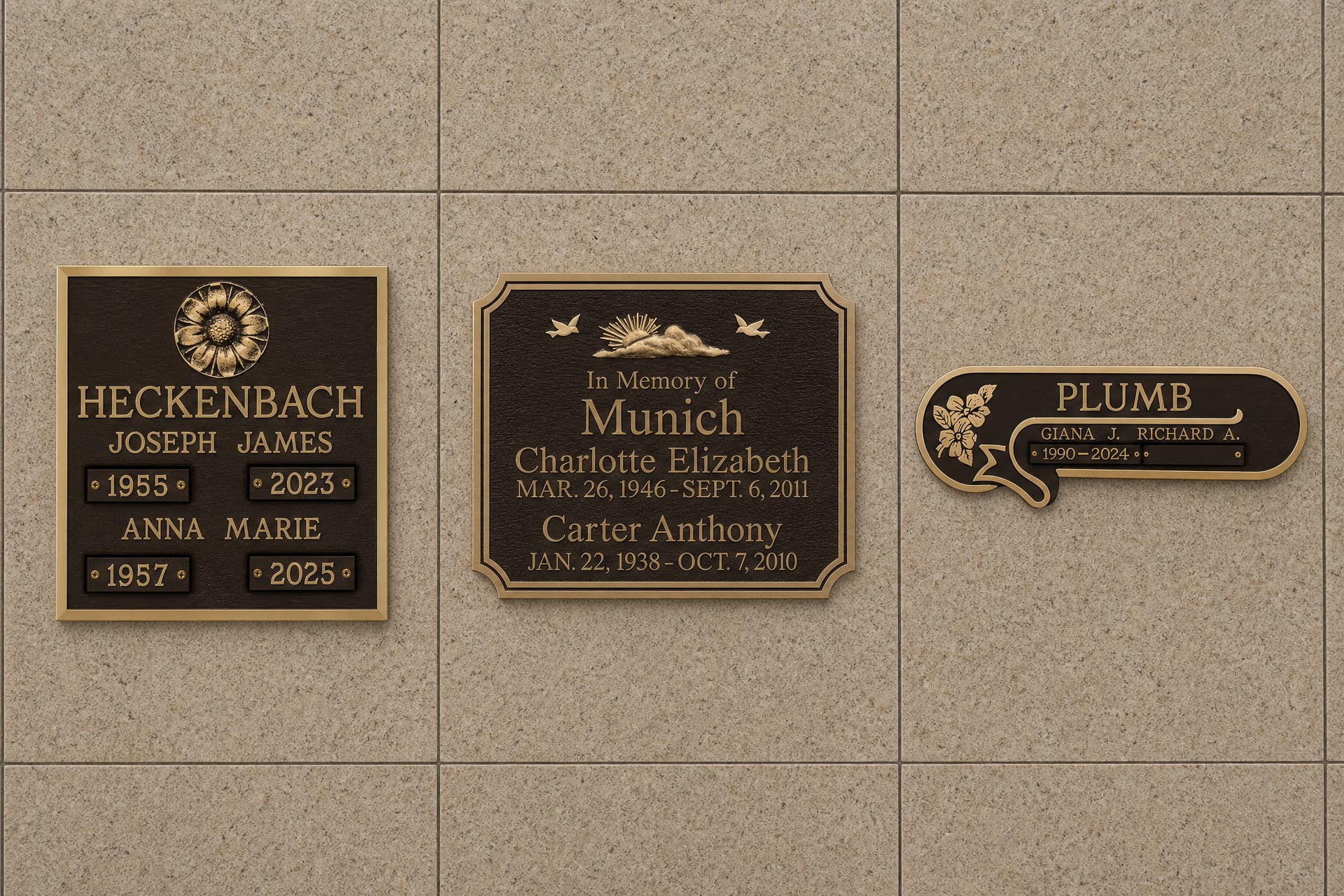 Three bronze niche plaques of different designs mounted on the polished face of a columbarium, each on its own niche panel
