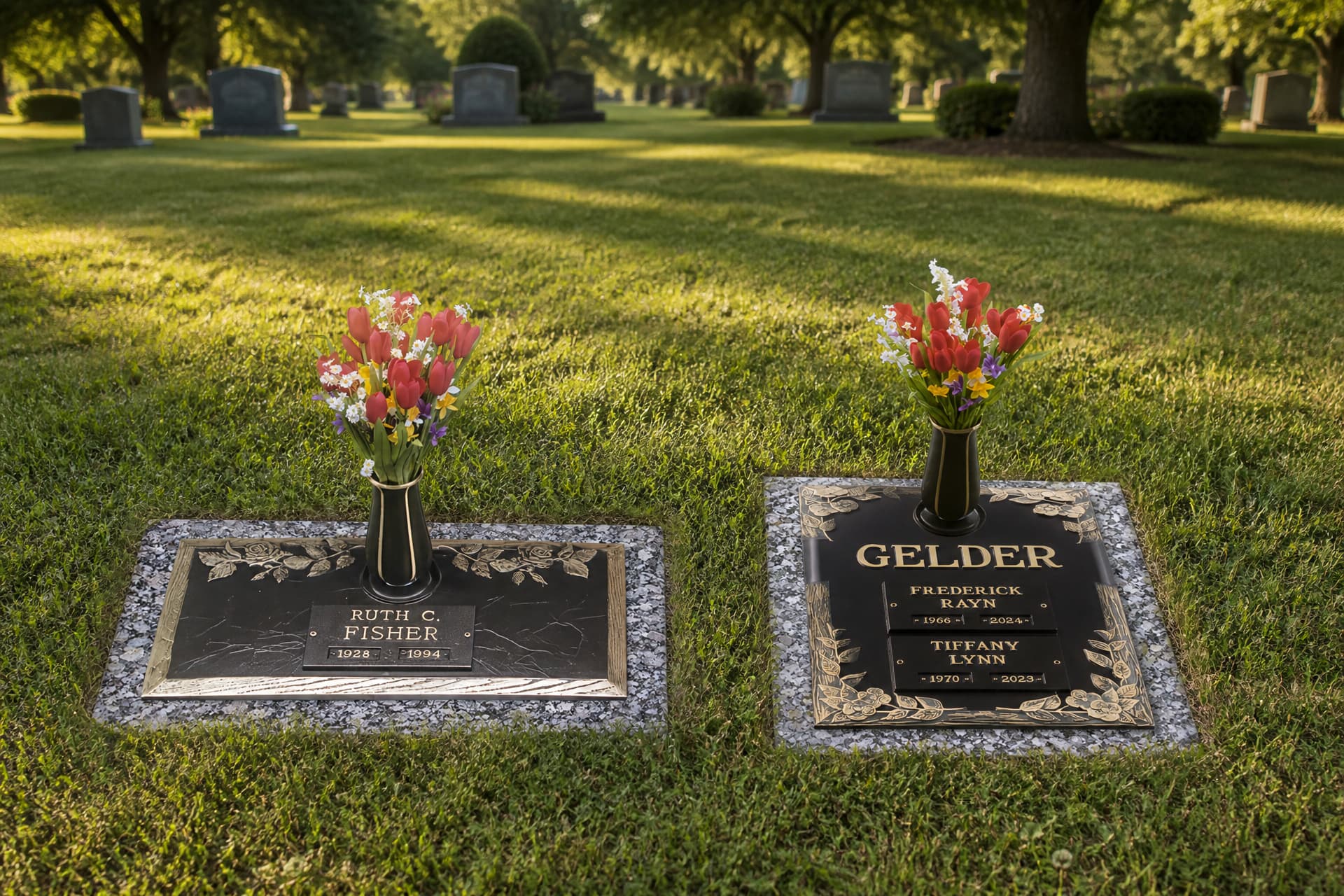 Two flat bronze cremation grave markers set level with mown cemetery grass โ a single-name marker with a bronze flower vase, and a wider companion marker for two names