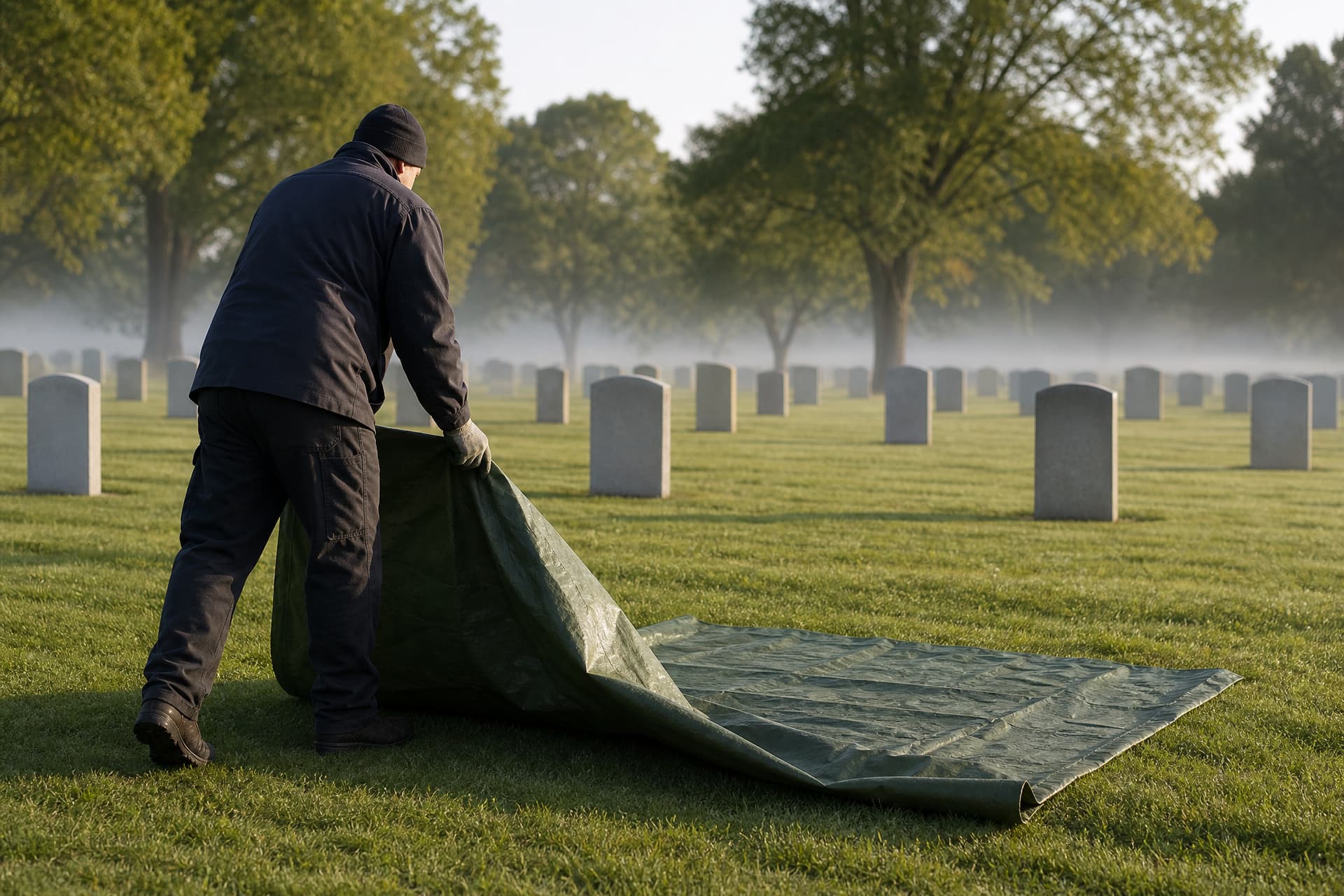 A cemetery groundskeeper in work clothes quietly preparing a plot beside a folded green tarp in early morning light