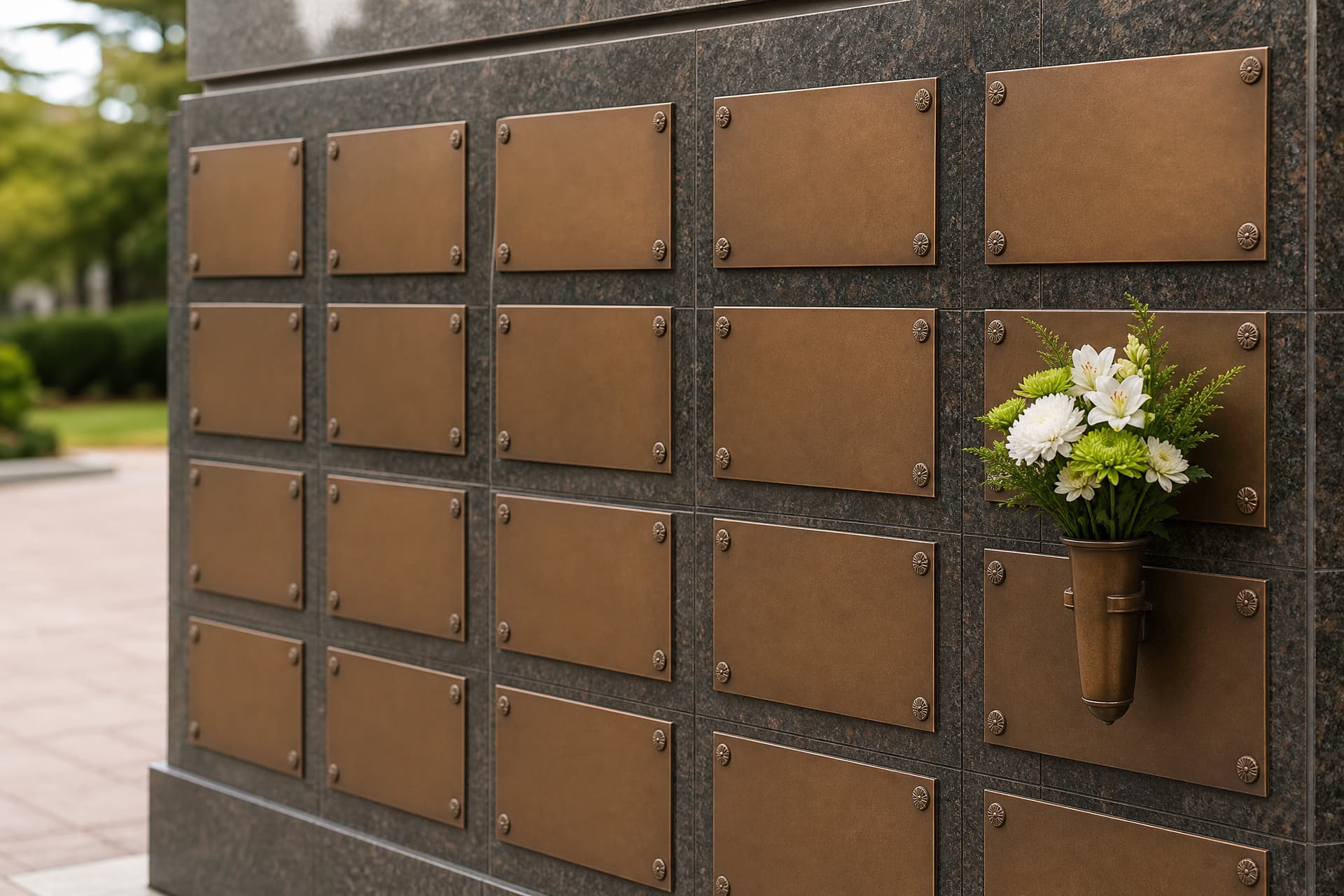 A polished granite columbarium wall with rows of bronze niche plaques, a small vase of fresh flowers mounted beside one of them