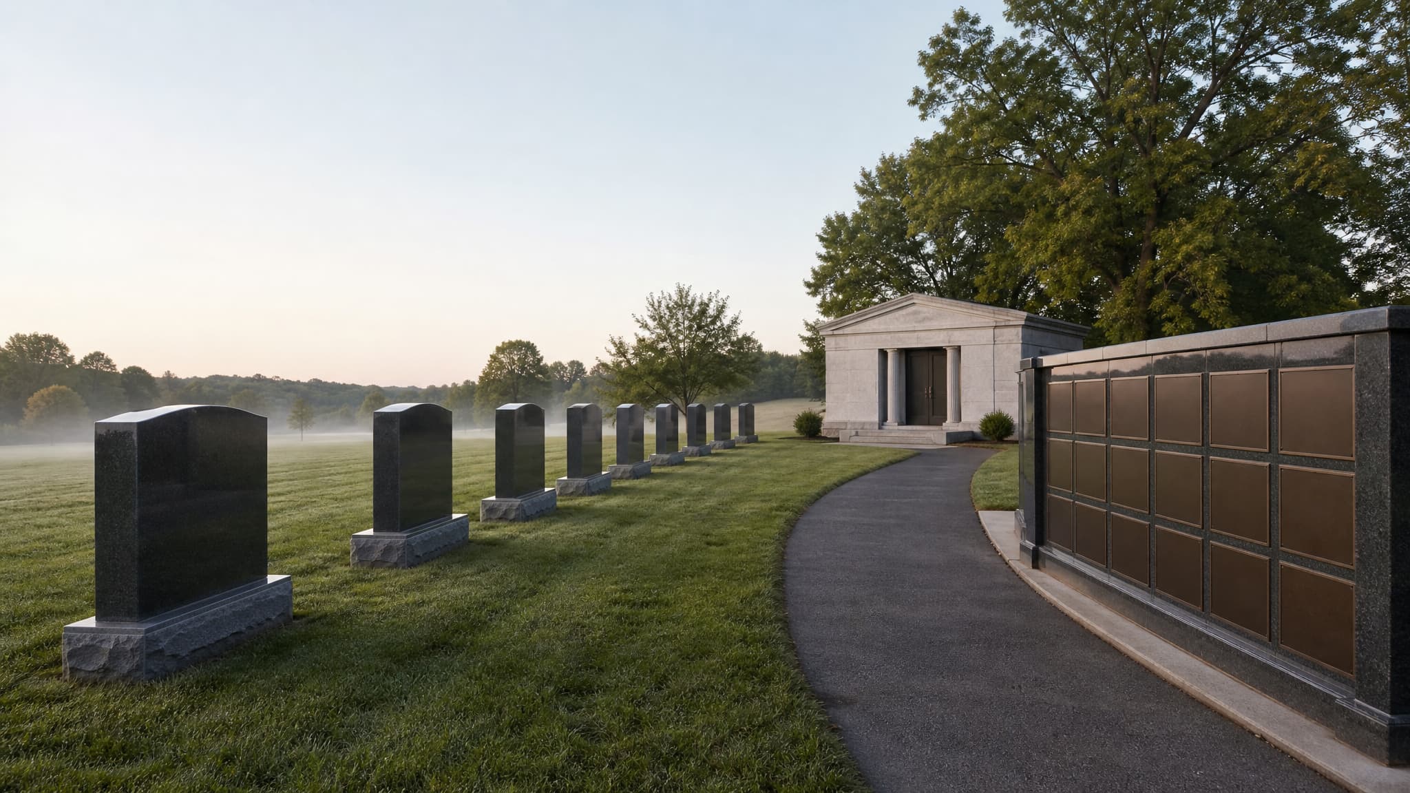 A quiet cemetery lawn at morning with granite headstones, a columbarium wall, and a stone mausoleum visible along the path