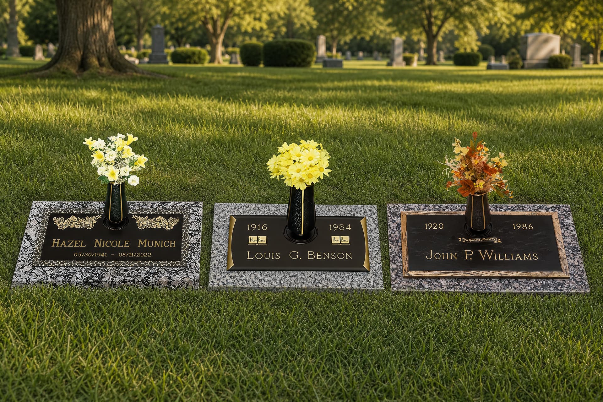 Three flat bronze memorial markers on granite bases lying level with mown cemetery grass, each with an upright bronze flower vase
