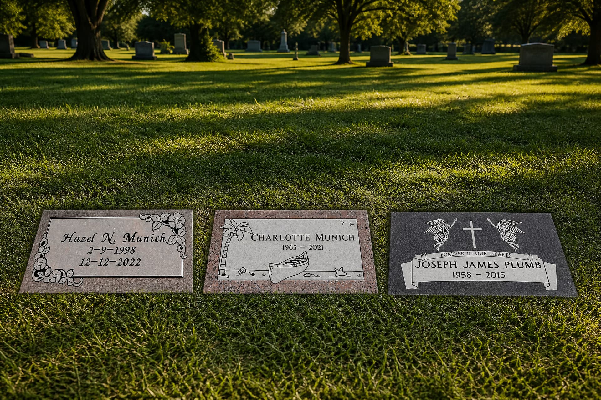 Three flat granite grave markers lying level with mown cemetery grass, each engraved with a different design