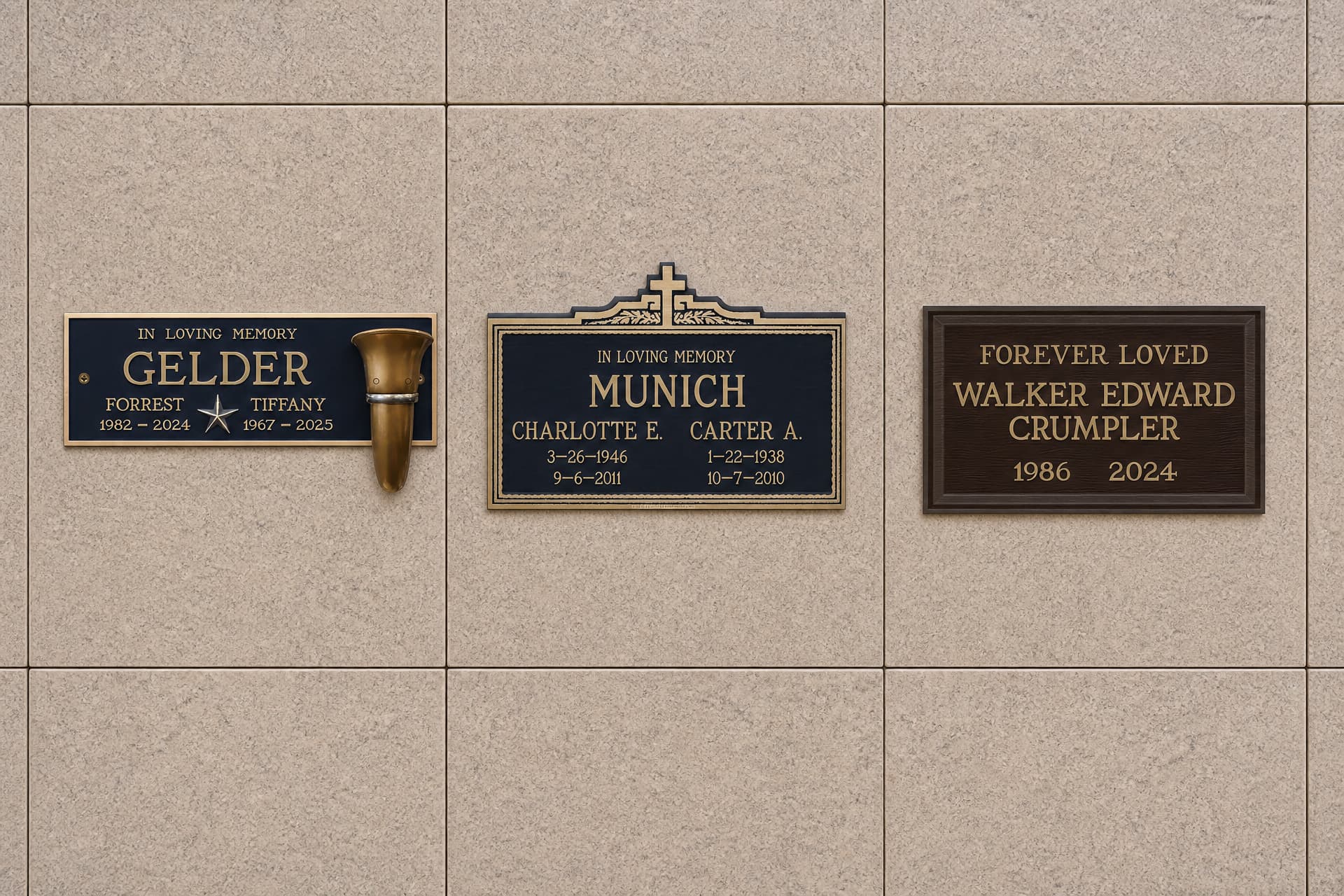 Three bronze niche plaques of different designs mounted on the polished face of a columbarium, each on its own niche panel