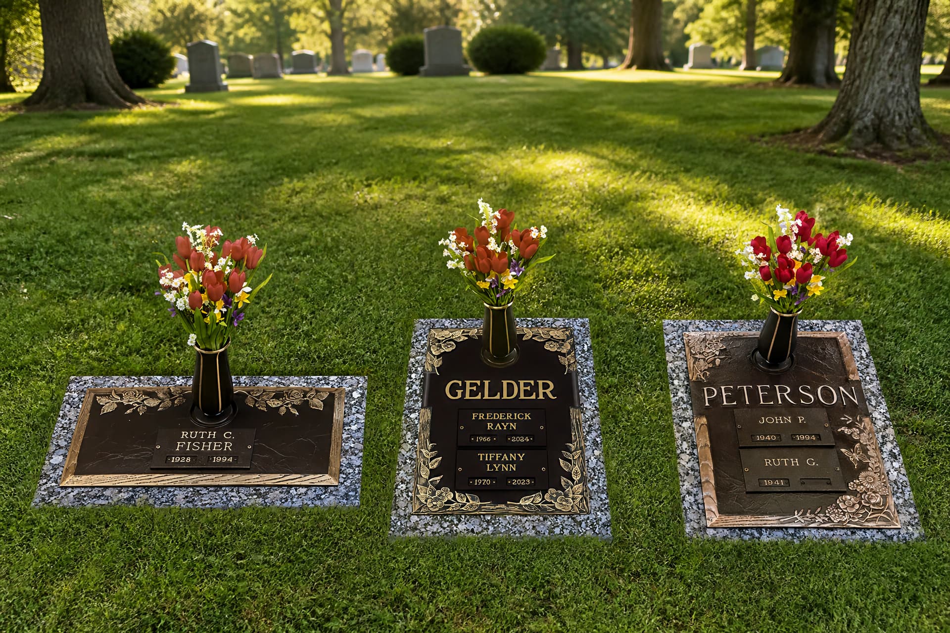 Three flat bronze cremation grave markers on granite bases set level with mown cemetery grass, each with an upright bronze flower vase