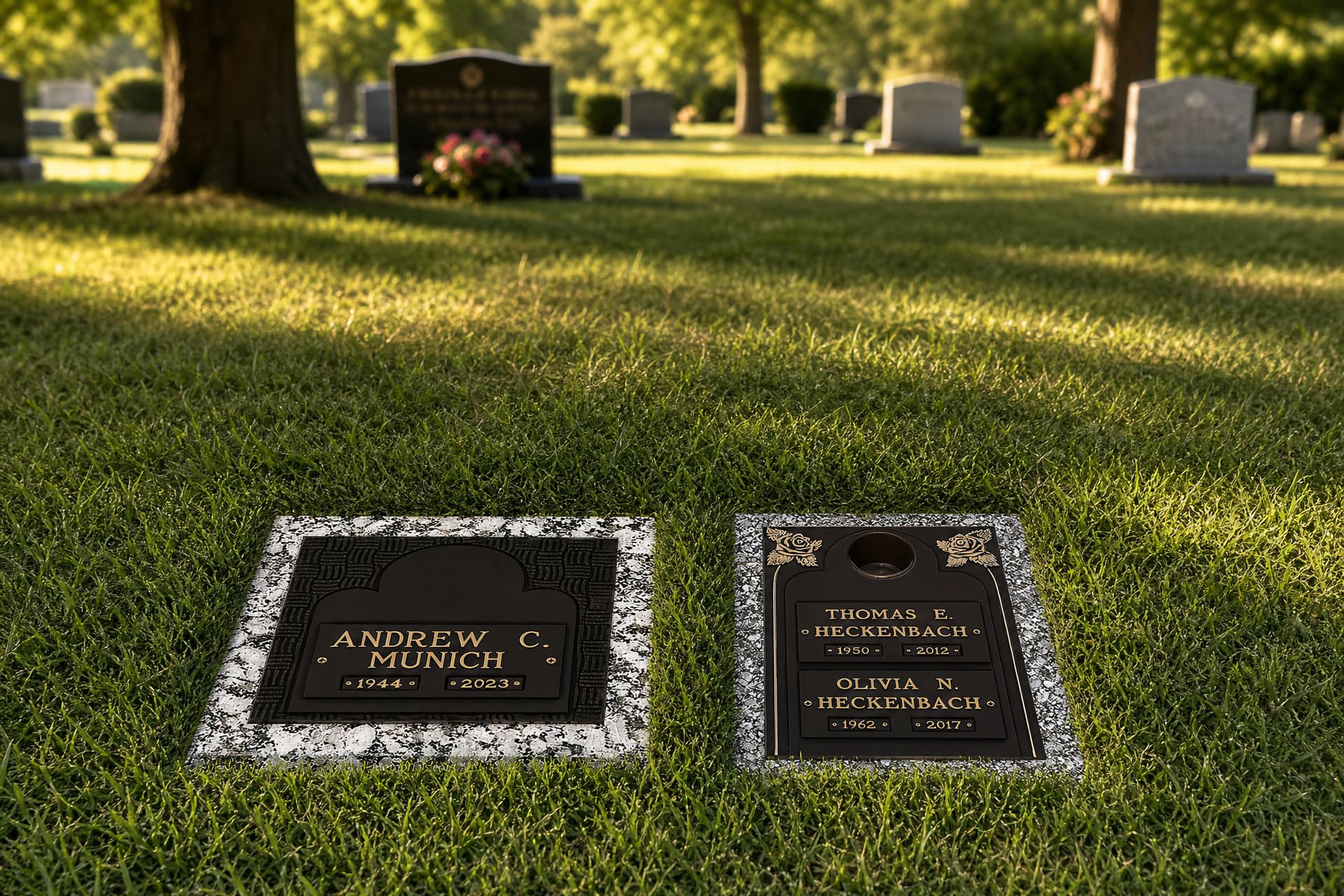Two flat bronze cremation grave markers set level with mown cemetery grass, one for a single name and one for a couple