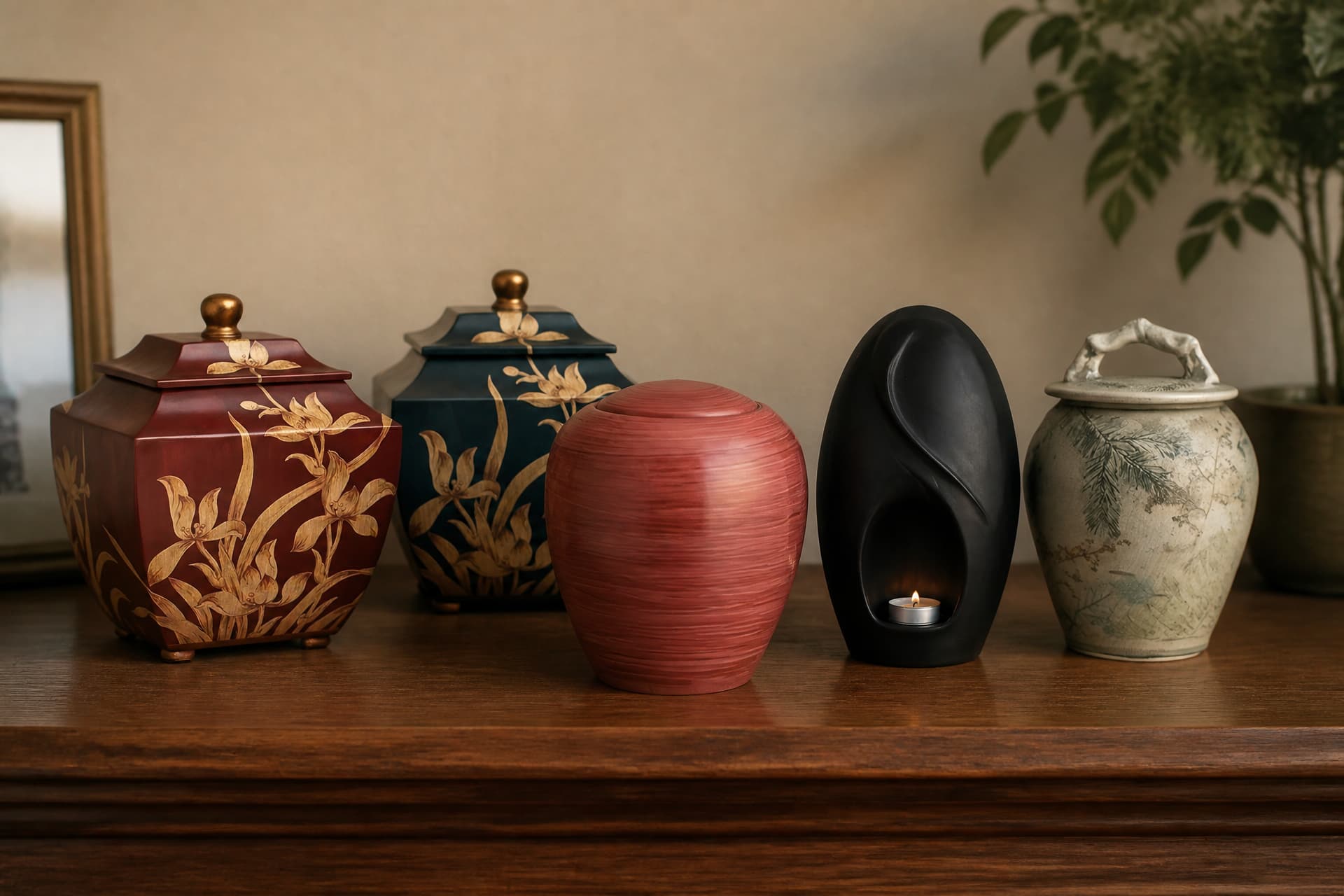Five ceramic cremation urns on a wooden shelf β two pagoda-form urns in burgundy and teal with gold orchid detail, a banded rose urn, a matte black urn holding a lit tealight, and a grey-green Raku urn with fern impressions