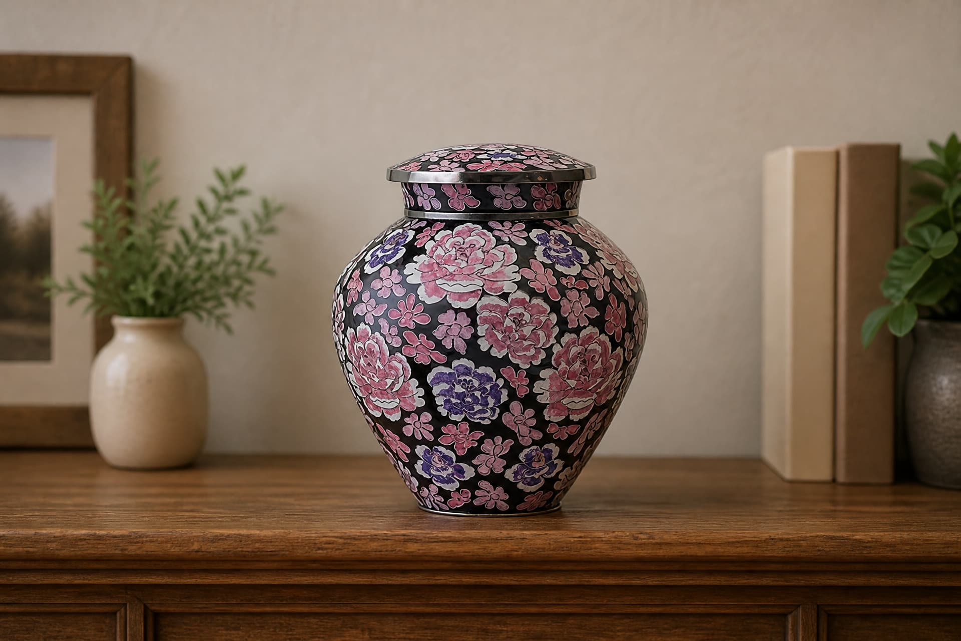 A black cloisonné cremation urn covered in pink and violet enamel blossoms with silver wirework and a silver rim